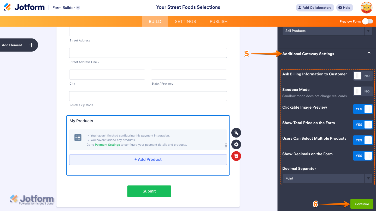 Additional Gateway Settings panel in PayU India integration with options to ask for billing info, enable sandbox mode, show total price, allow multiple product selection, display decimals with chosen separator, and enable clickable product images