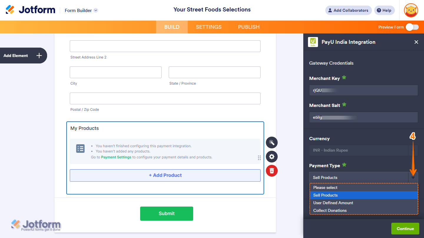 Payment Type dropdown menu in PayU India integration locked to INR currency, showing options to sell products, collect donations, or let customers enter a custom amount