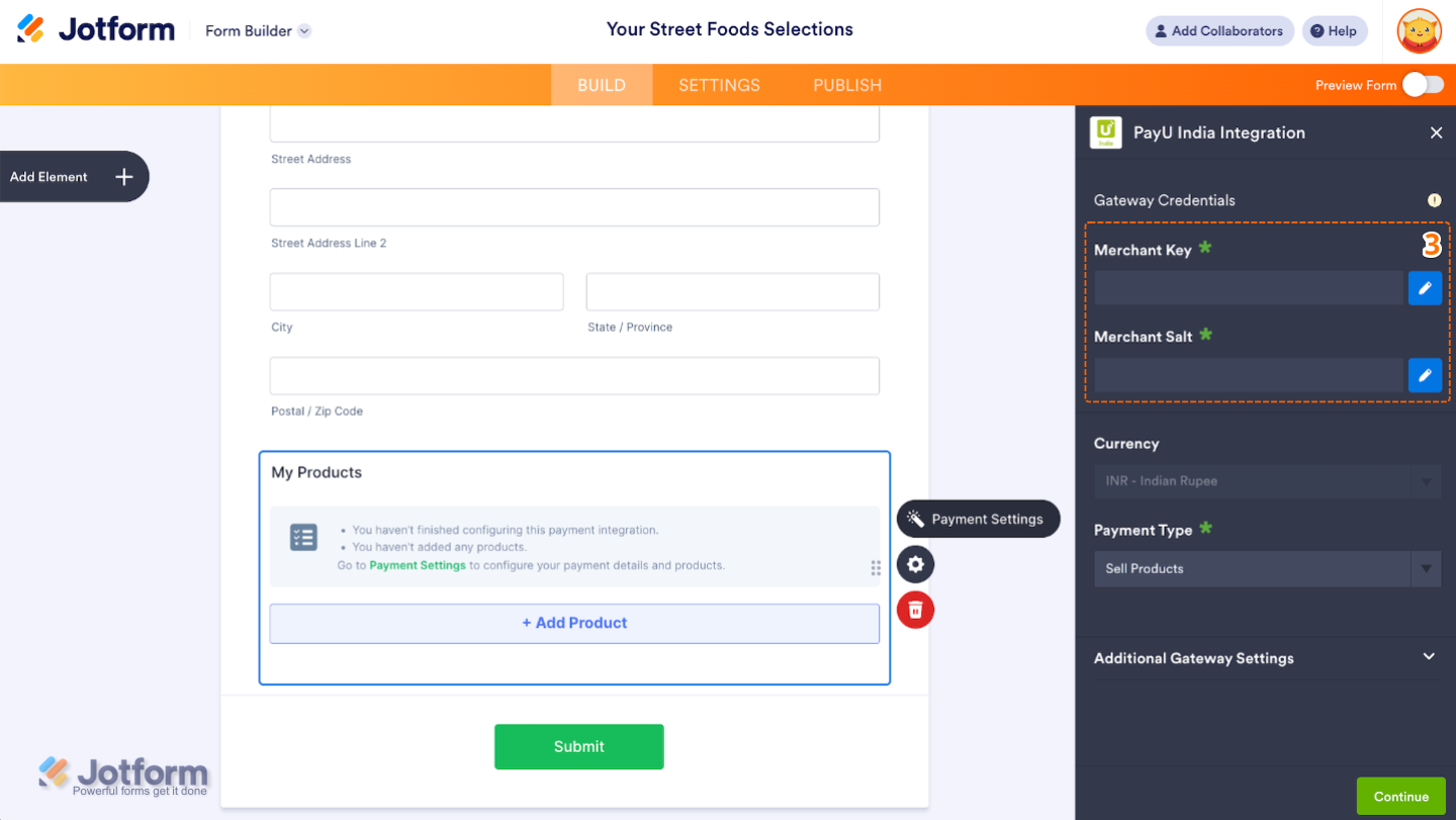 PayU India Integration window showing fields for entering Merchant Key and Merchant Salt in the Gateway Credentials section for payment setup