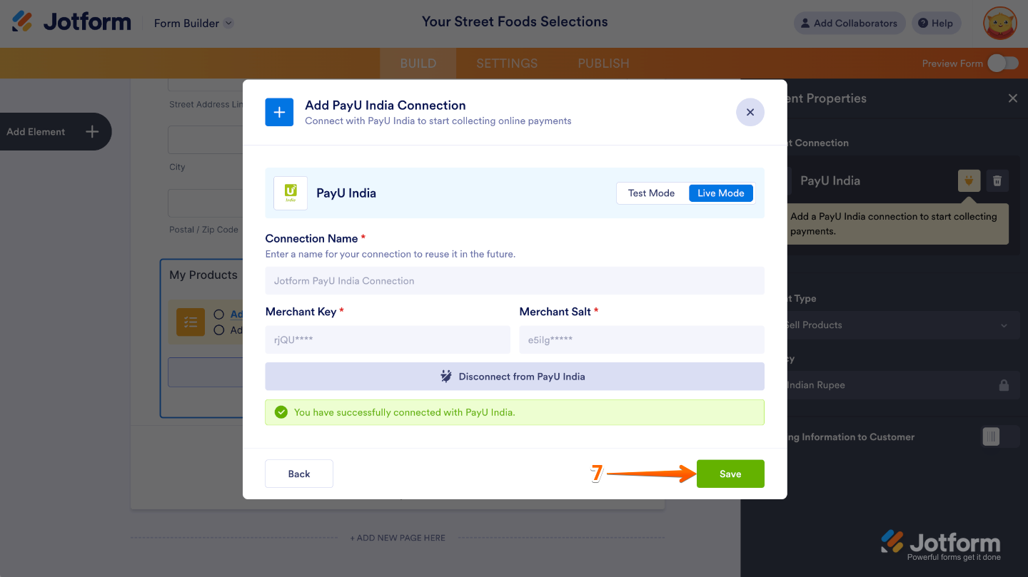 Save button highlighted in PayU India integration window to confirm and store the payment connection settings