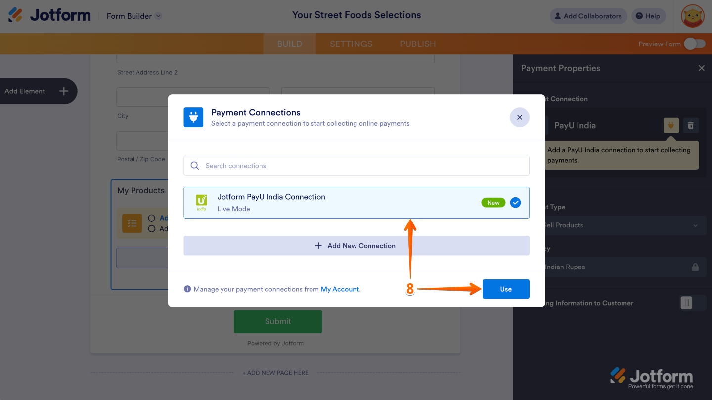 Payment Connections window showing available PayU India connections with the Use button clicked to apply the selected connection