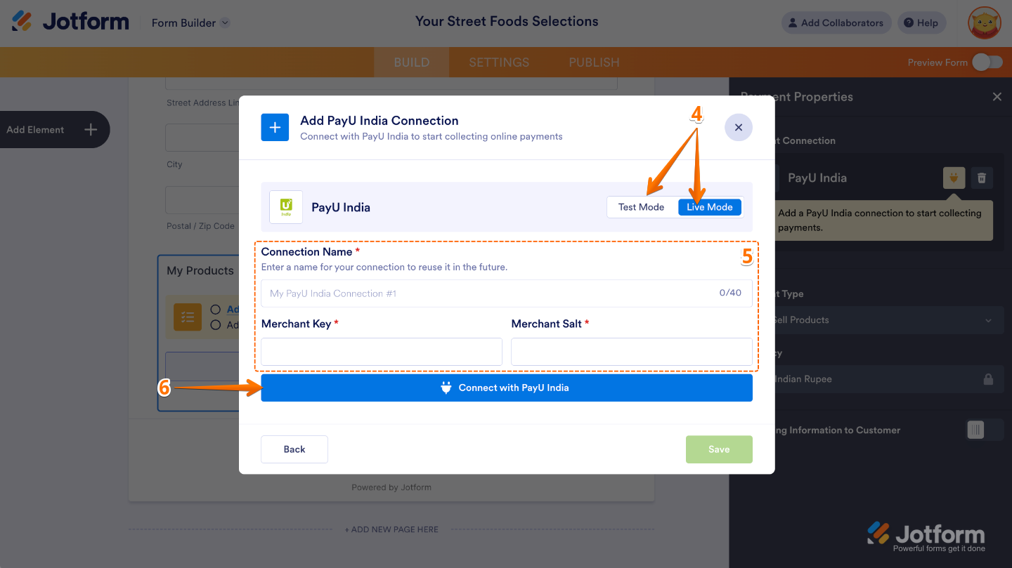 Add PayU India Connection window with options to choose Test or Live Mode, enter Connection Name, Merchant Key, and Merchant Salt, then click Connect with PayU India