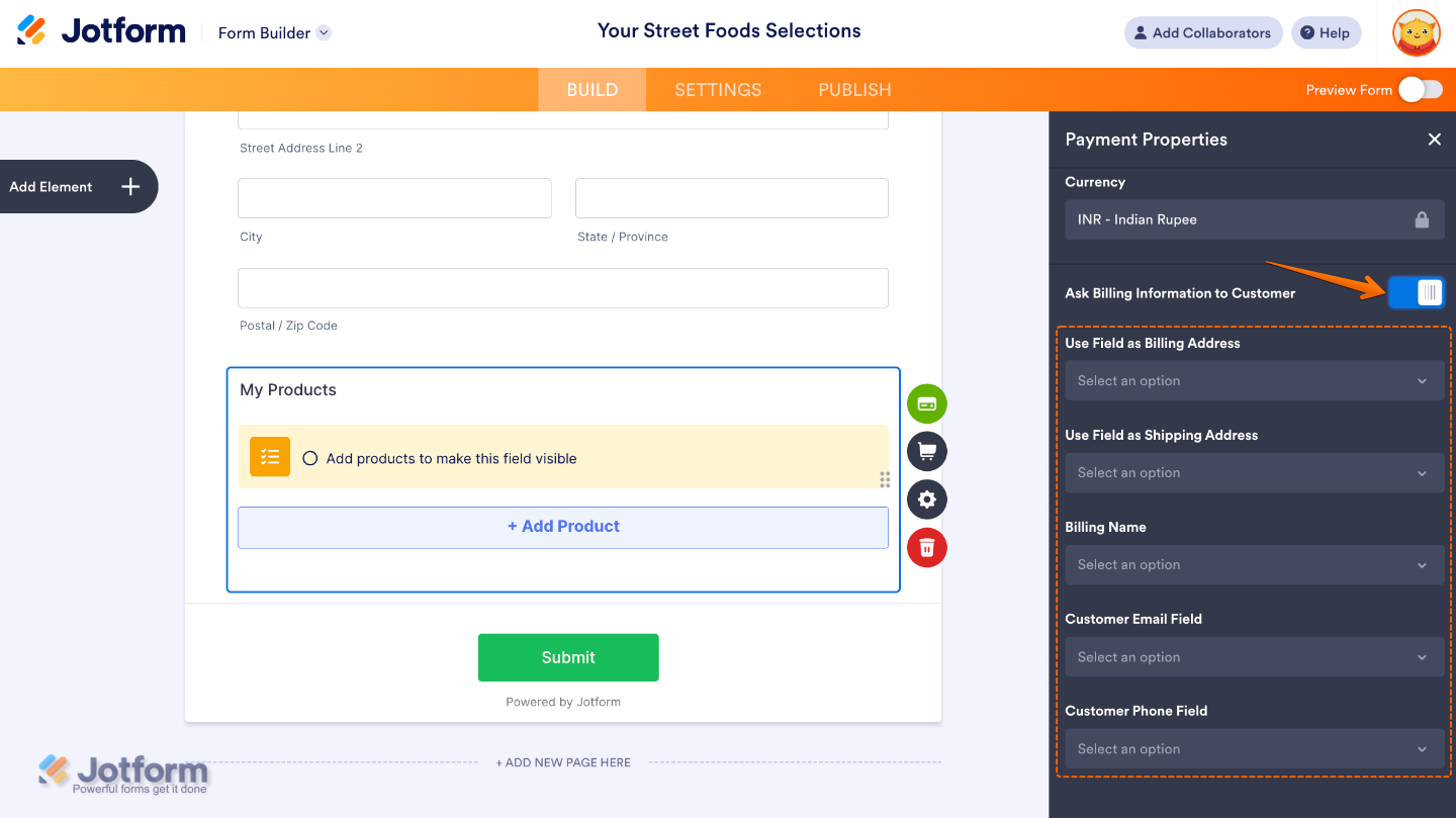 Additional Gateway Settings in PayU India integration with currency locked to INR and Ask Billing Information option enabled, showing fields for billing and shipping address, name, email, and phone number