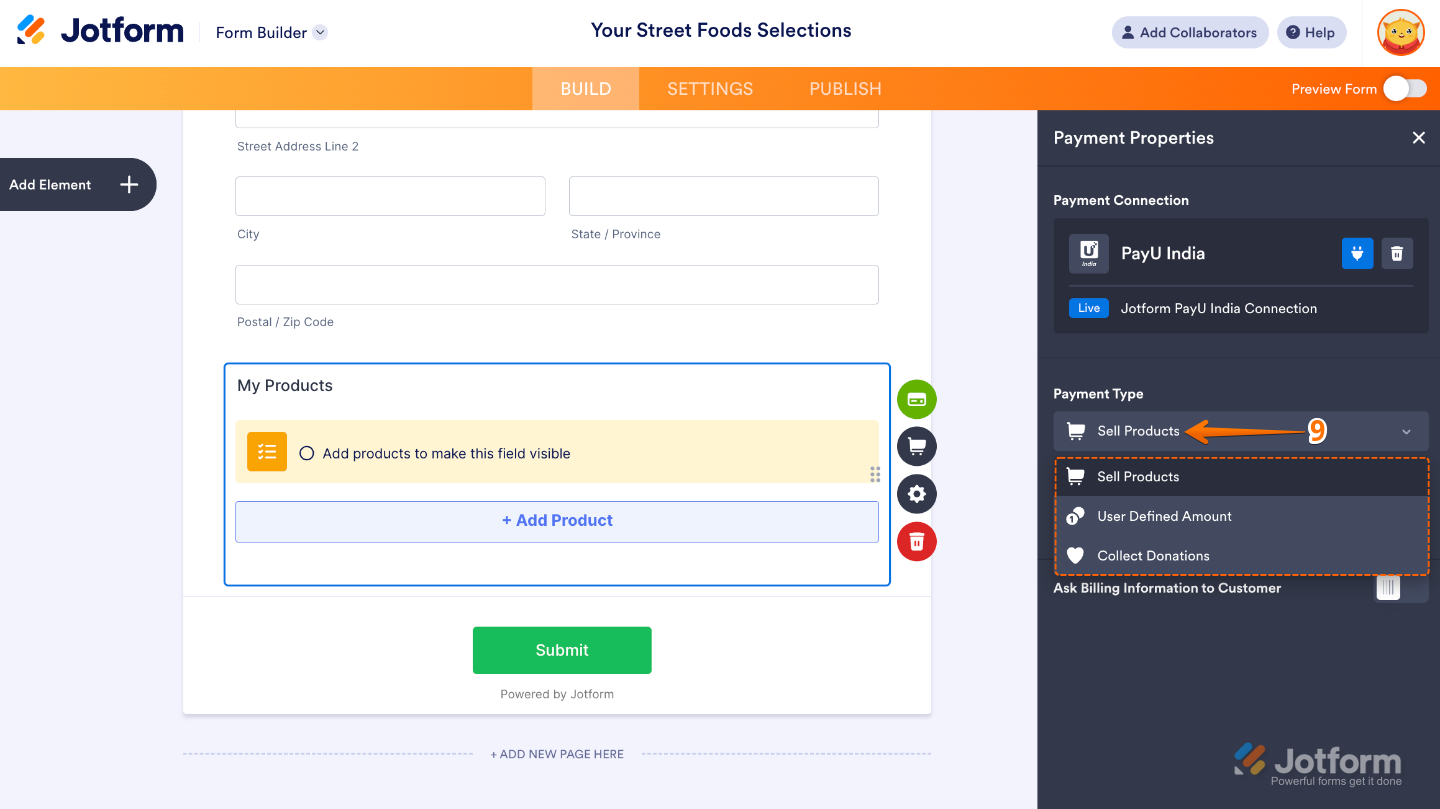 Payment Type dropdown menu in PayU India integration with options to sell products, collect donations, or allow customers to enter a custom payment amount