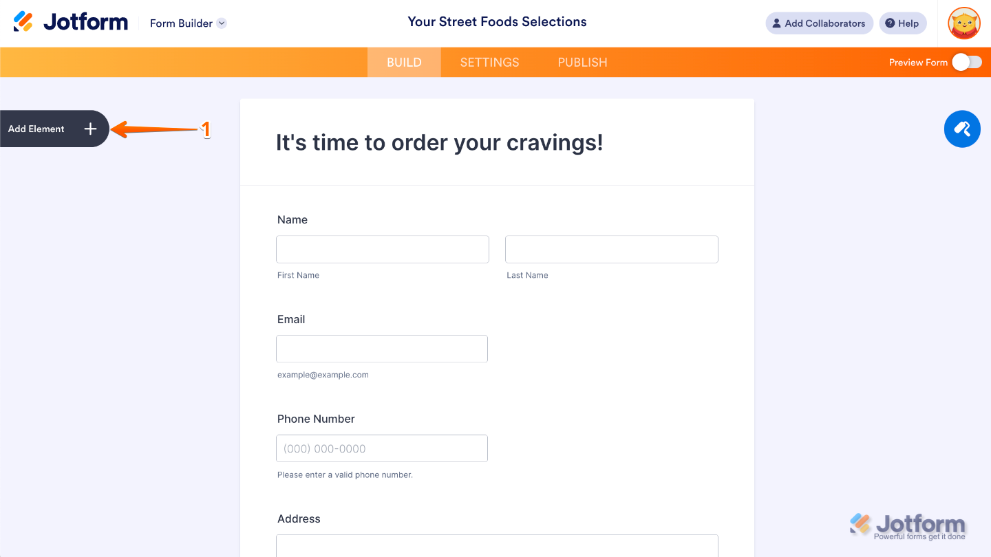 Form Builder interface with Add Element button highlighted on the left panel to add fields, widgets, or payment integrations to the form