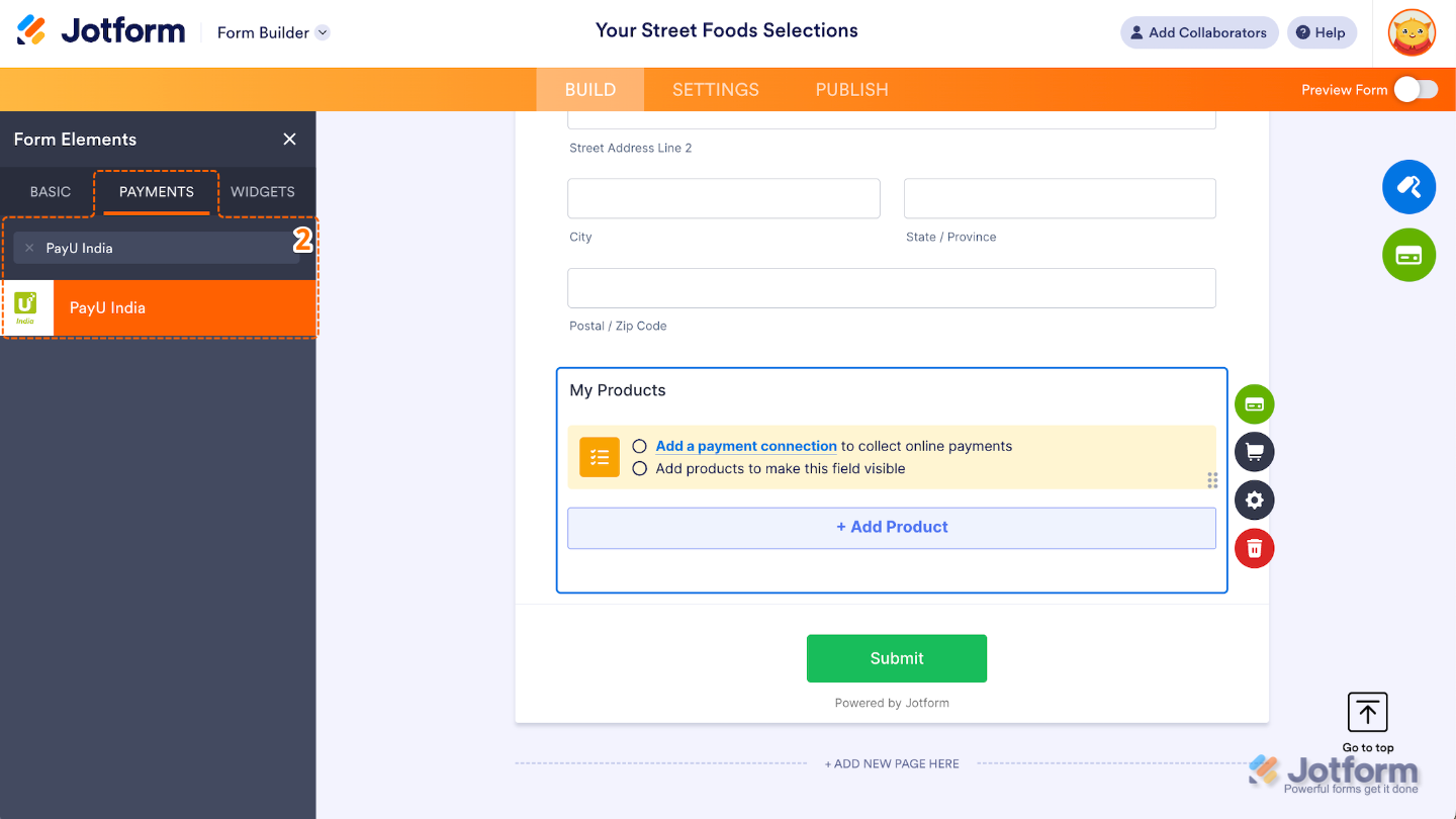 Form Elements menu with Payments tab open, showing PayU India option being clicked or dragged into the form builder workspace to add the payment gateway