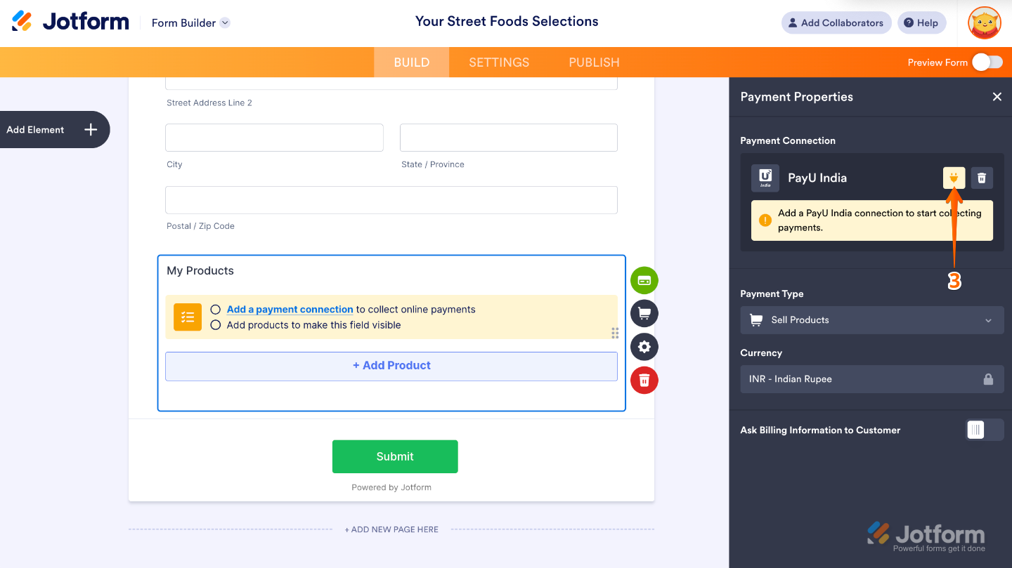 Payment Properties panel in Form Builder with Plug icon highlighted to open PayU India integration settings