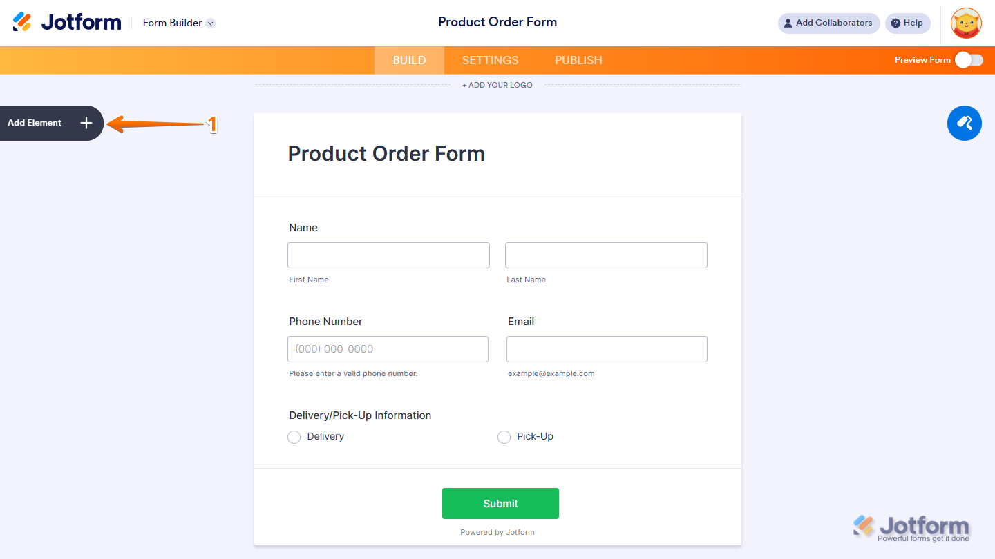 Click Add Element to integrate with Worldpay UK in Form Builder