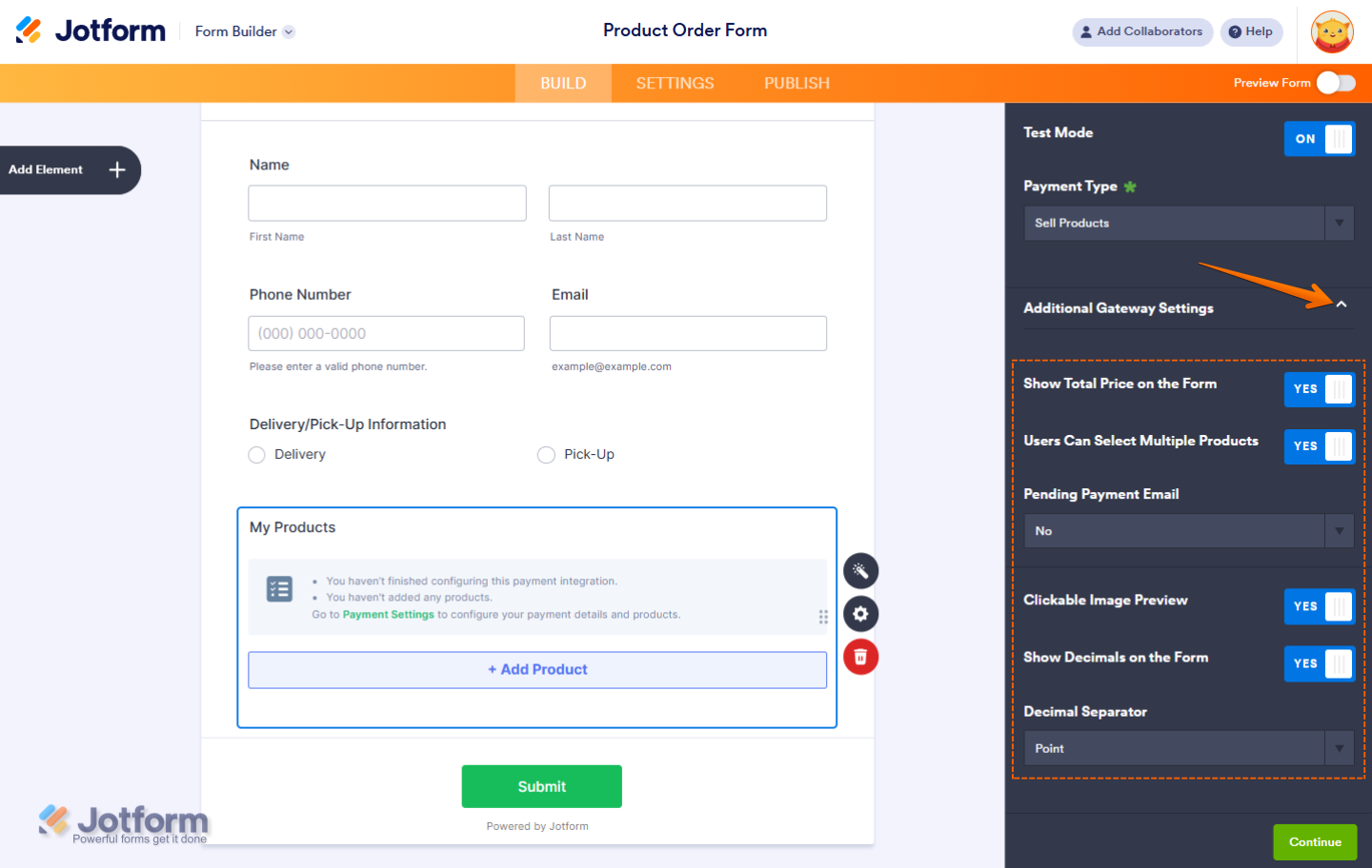 Configure additional Worldpay UK gateway settings in Jotform like total price display, product selection, decimal formatting, and email notifications