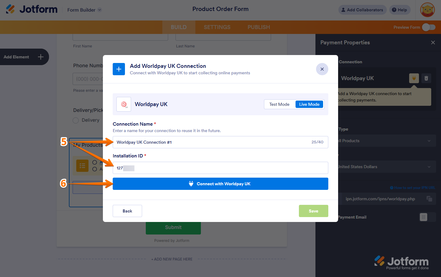 Add connection name and Installation ID, then click Connect in Jotform
