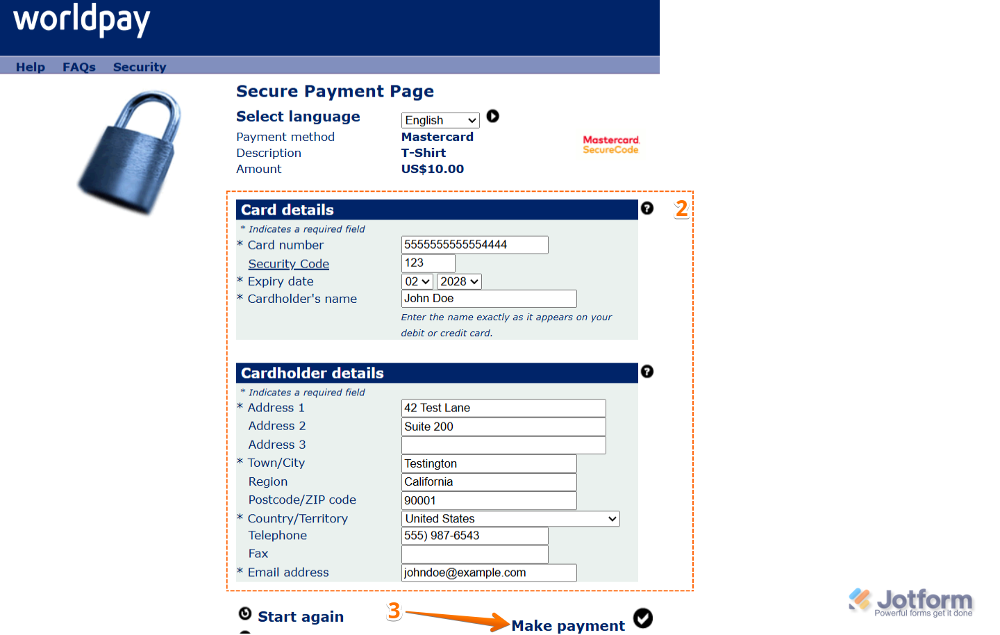 Worldpay UK payment page with Mastercard selected, showing fields for Card Number and Cardholder Name, and a Make Payment button at the bottom