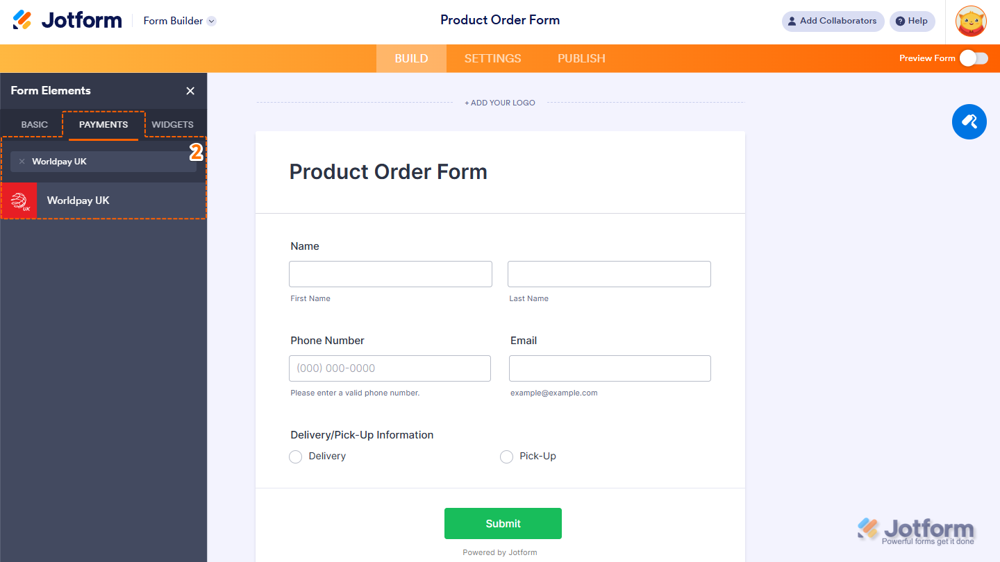 Search for Worldpay UK under the Payments tab in the Form Elements menu and click to add it to your form in Jotform