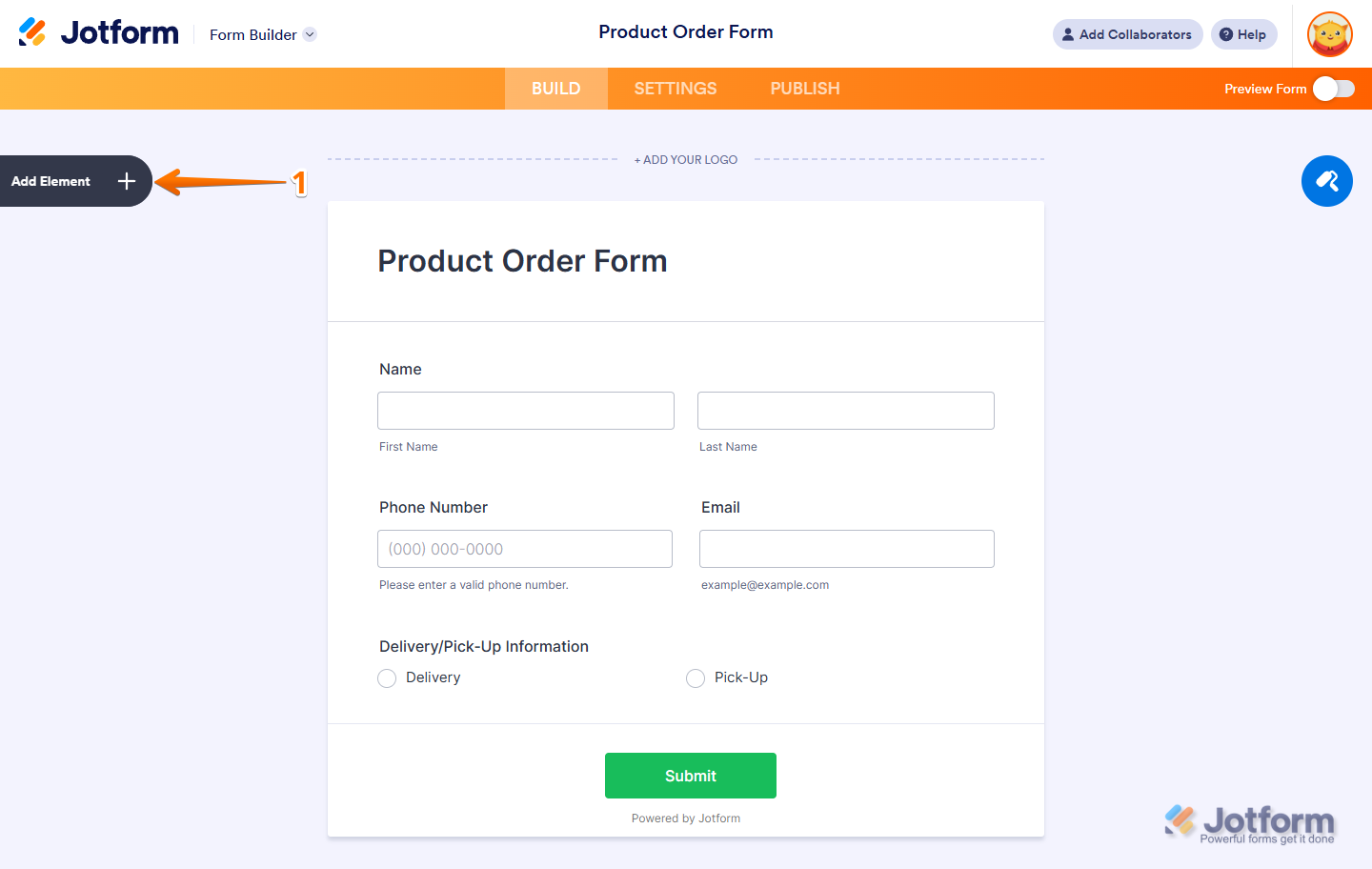 Click Add Element in Form Builder to start setting up Worldpay UK with Reusable Payment Connections in Jotform