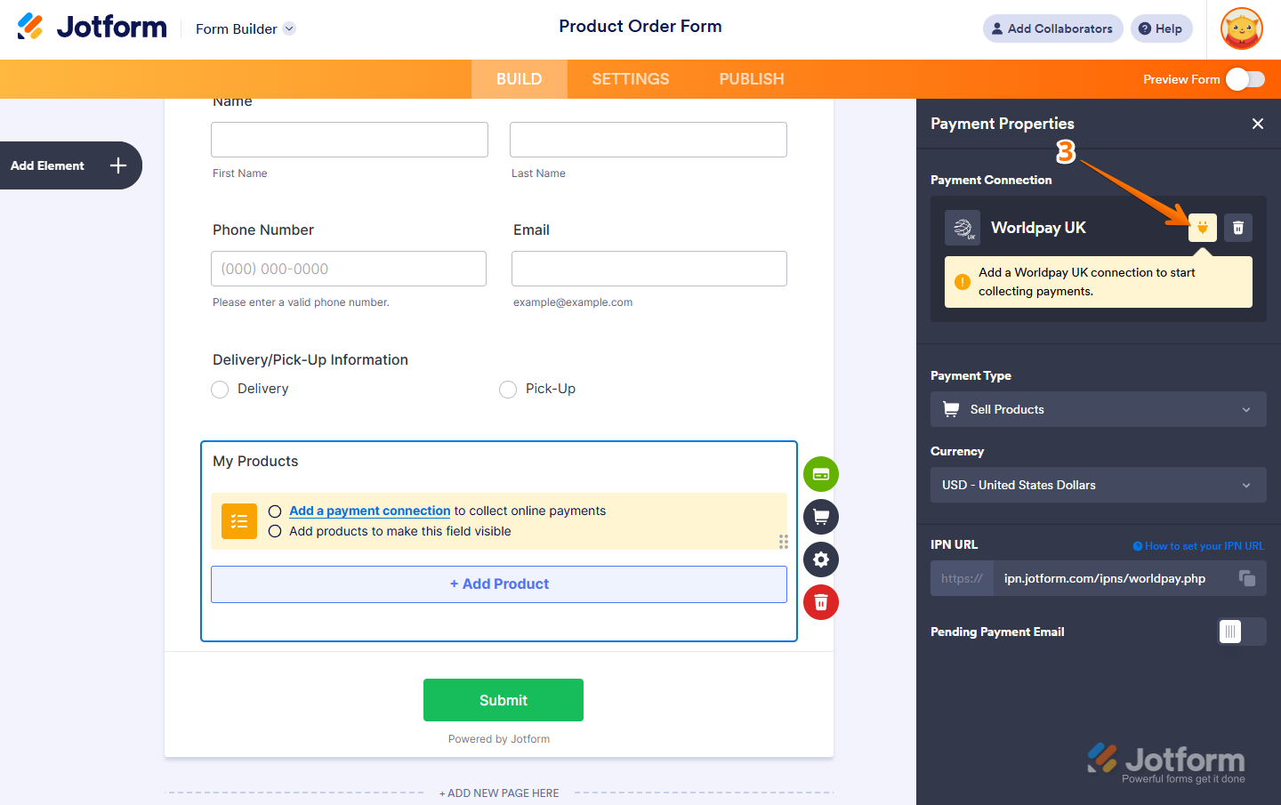 Click the Plug icon to connect Worldpay UK in Jotform.