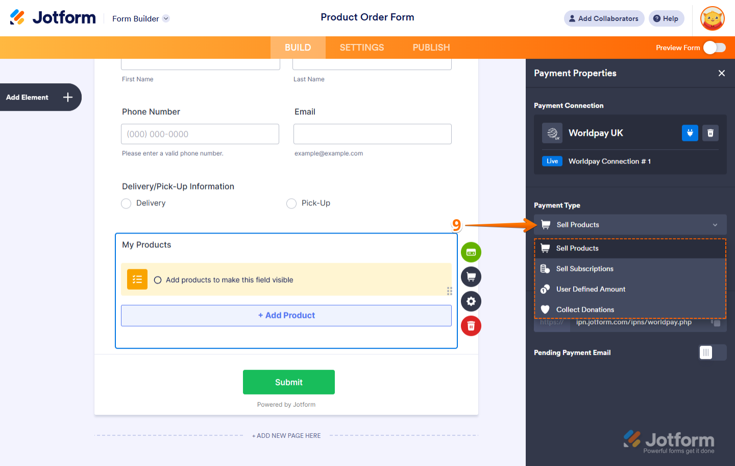 Choose a payment type in Jotform for your Worldpay UK connection — Sell Products, Subscriptions, User-Defined Amount, or Donations