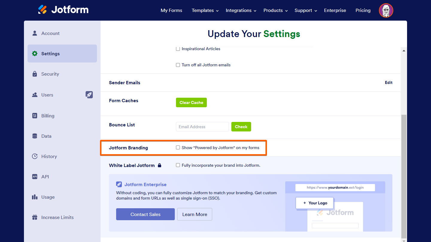 A screenshot of the Account Settings page with a highlight to the Jotform Branding option Screenshot 20 Screenshot 10