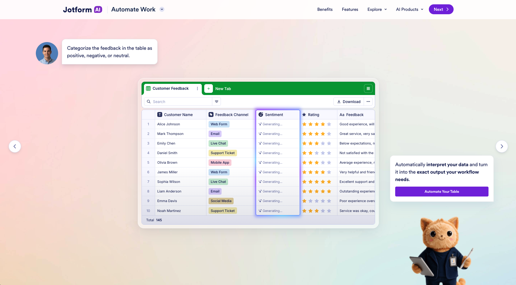 Jotform AI Data Assistant Landing Page Feedback Categorization Use Case