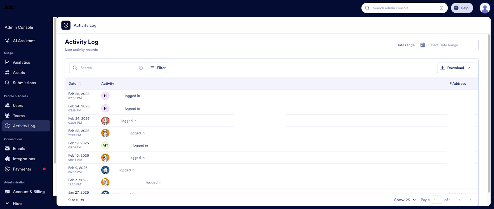 Viewing the Activity log page on Jotform Enterprise