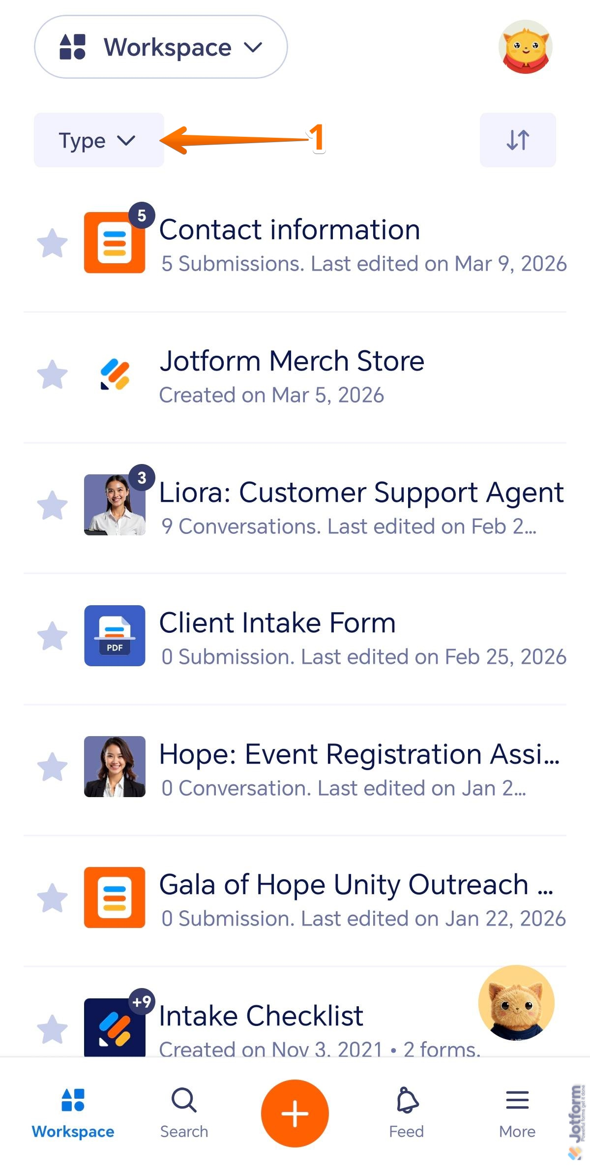 Type selector in the Jotform Mobile Forms app