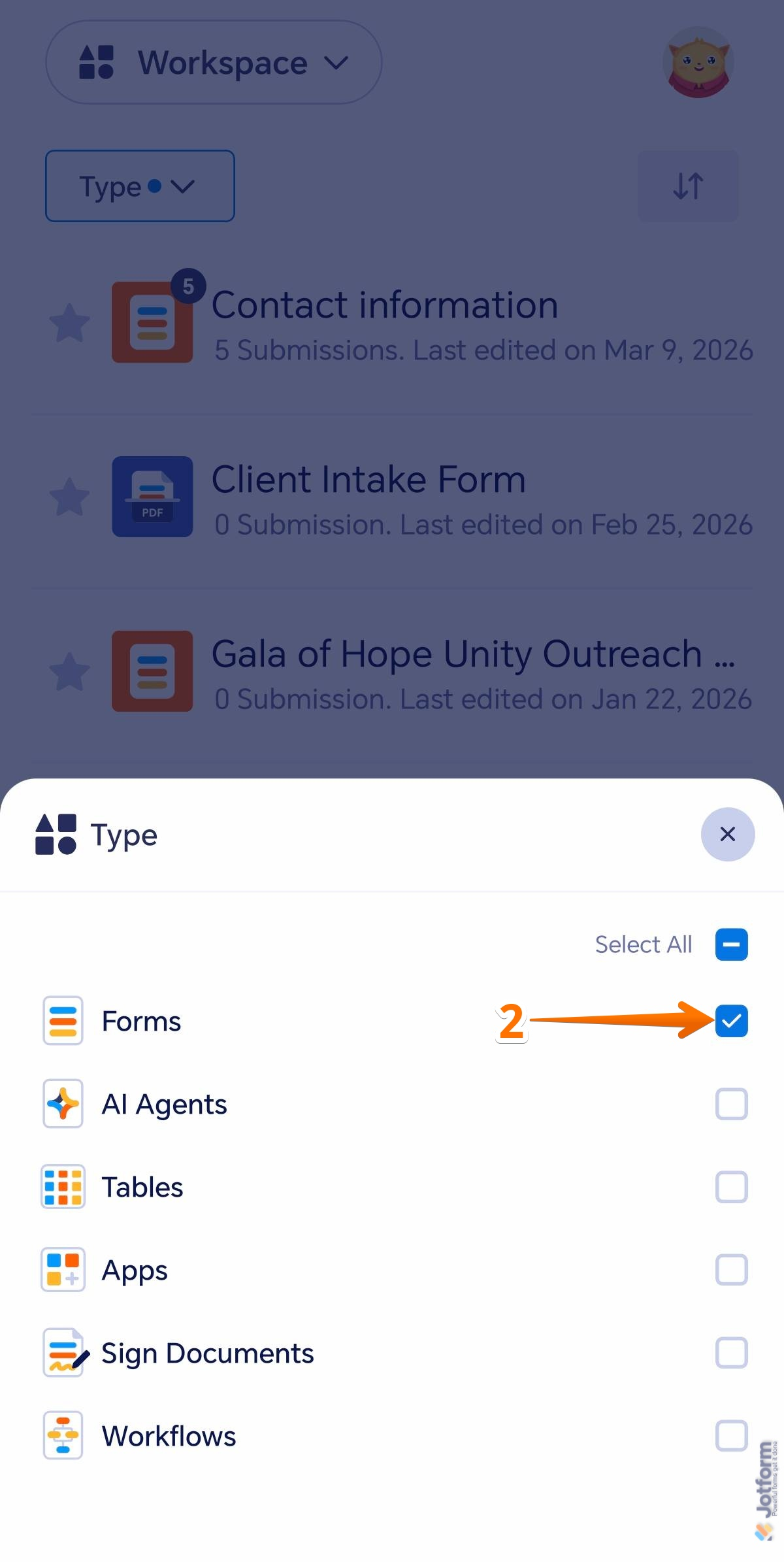 Type menu in the Jotform Mobile Forms app