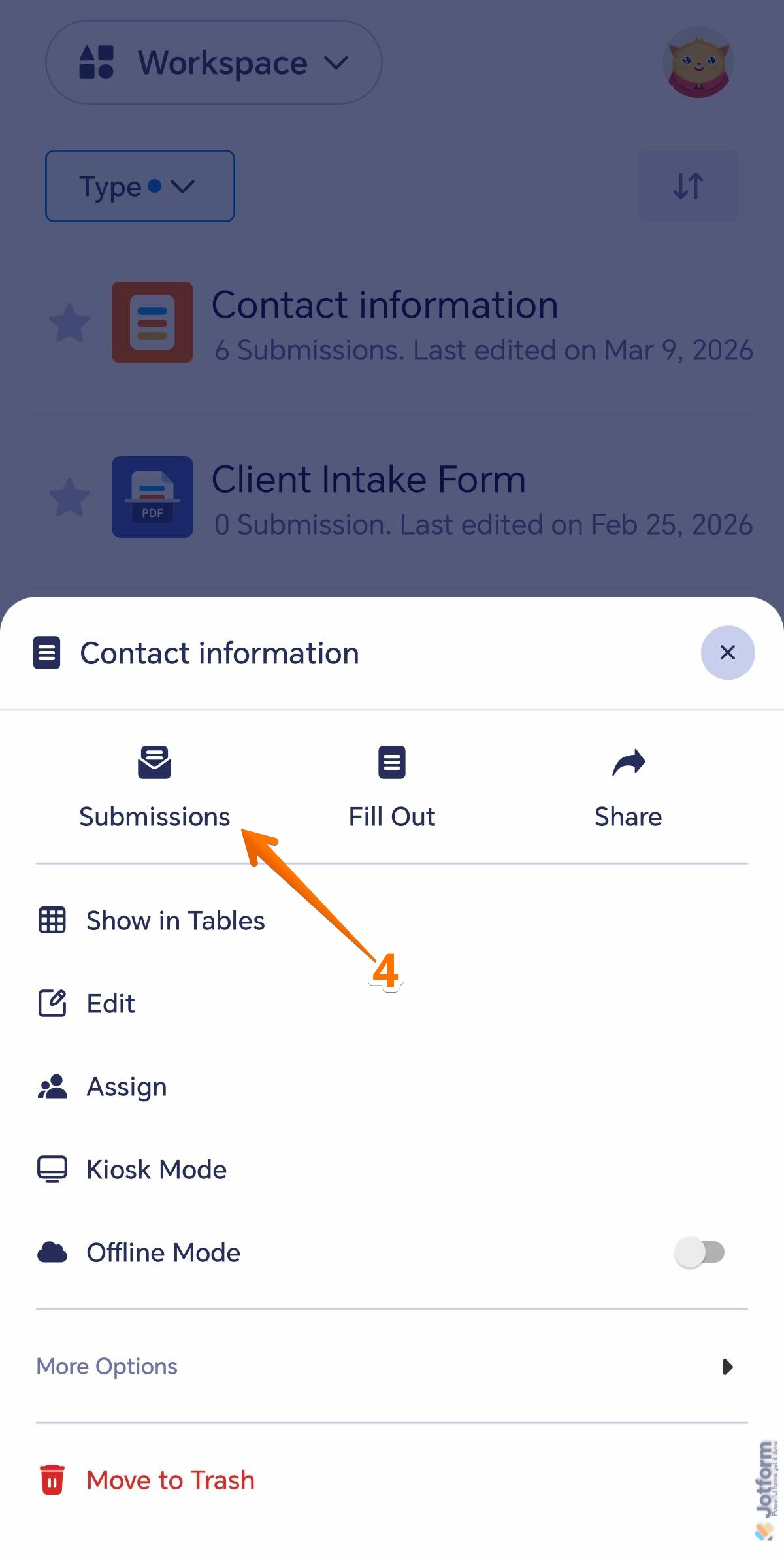 Submissions menu of the selected form in the Jotform Mobile Forms app