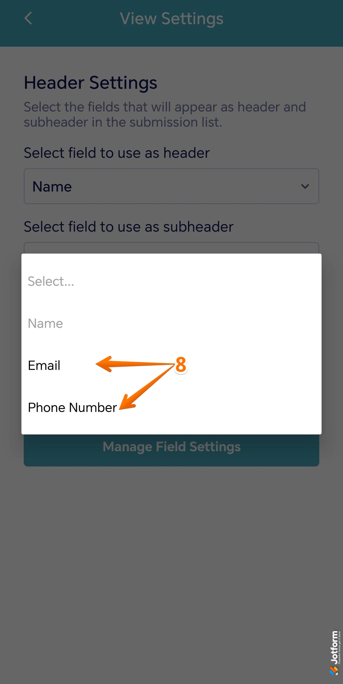 Select field dropdown in the Header settings of the Jotform Mobile Forms app