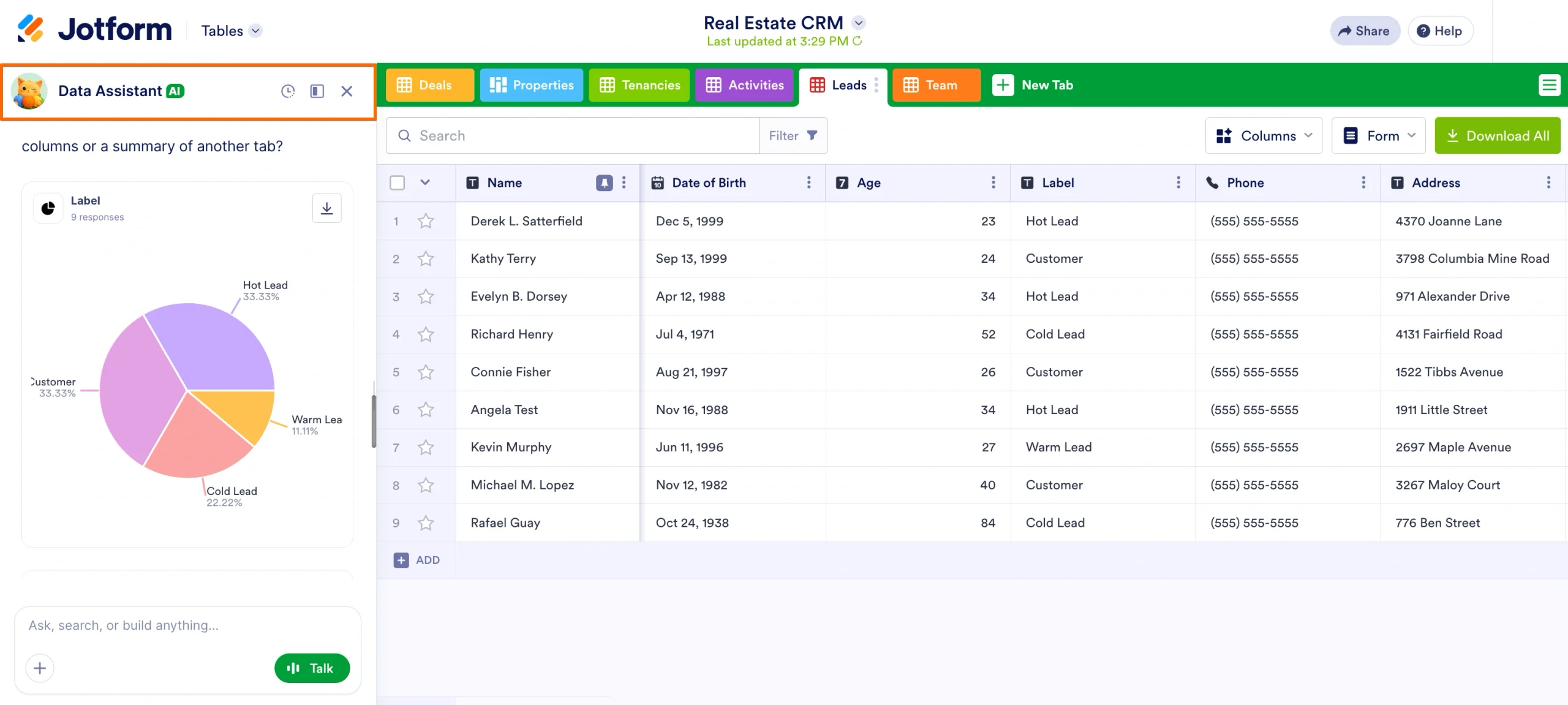 Data Assistant panel open in Jotform Tables, showing a pie chart breakdown of Real Estate CRM leads by status