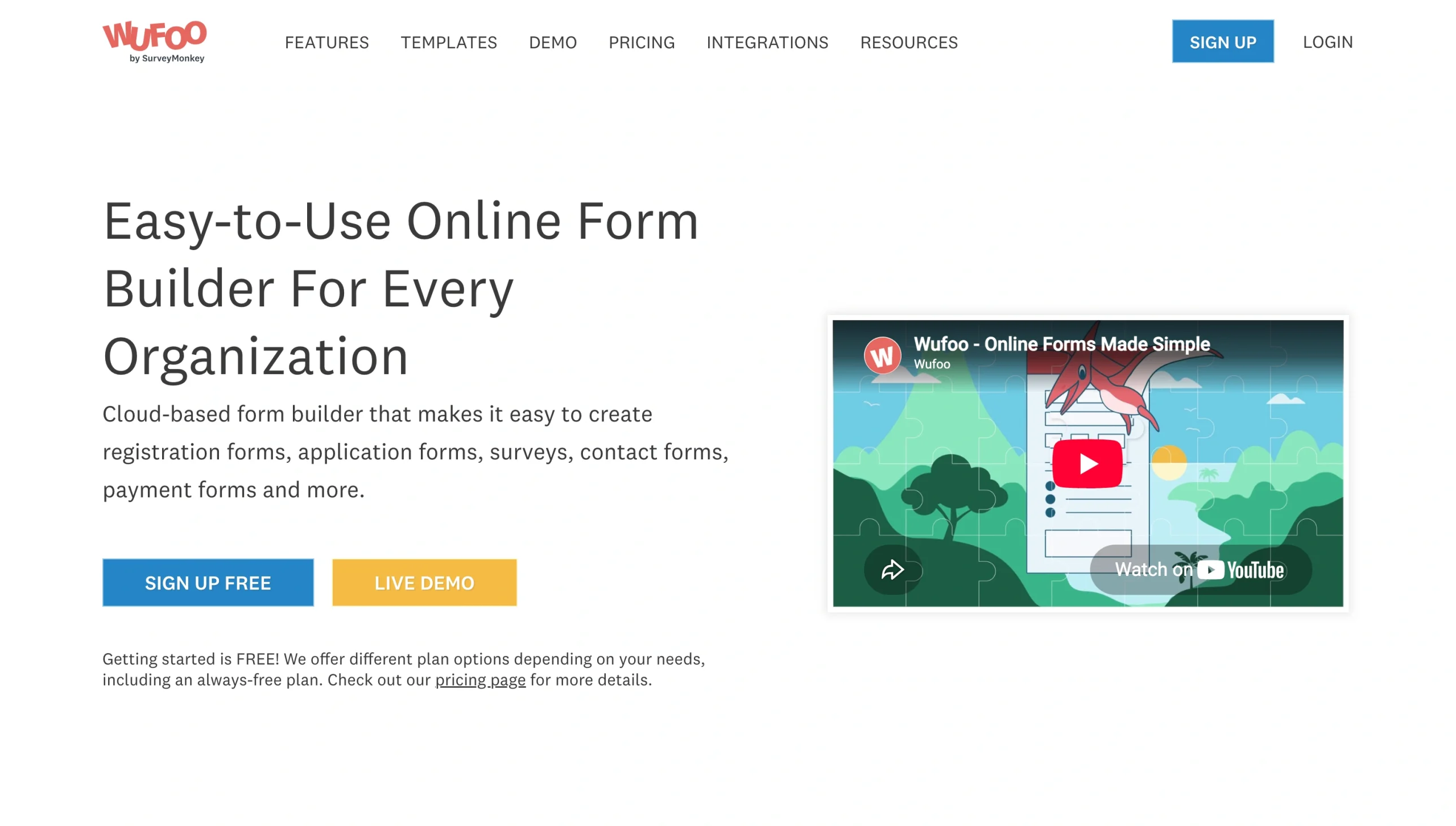 Screenshot of the Wufoo landing page, showing a headline "Easy-to-Use Online Form Builder for Every Organization"