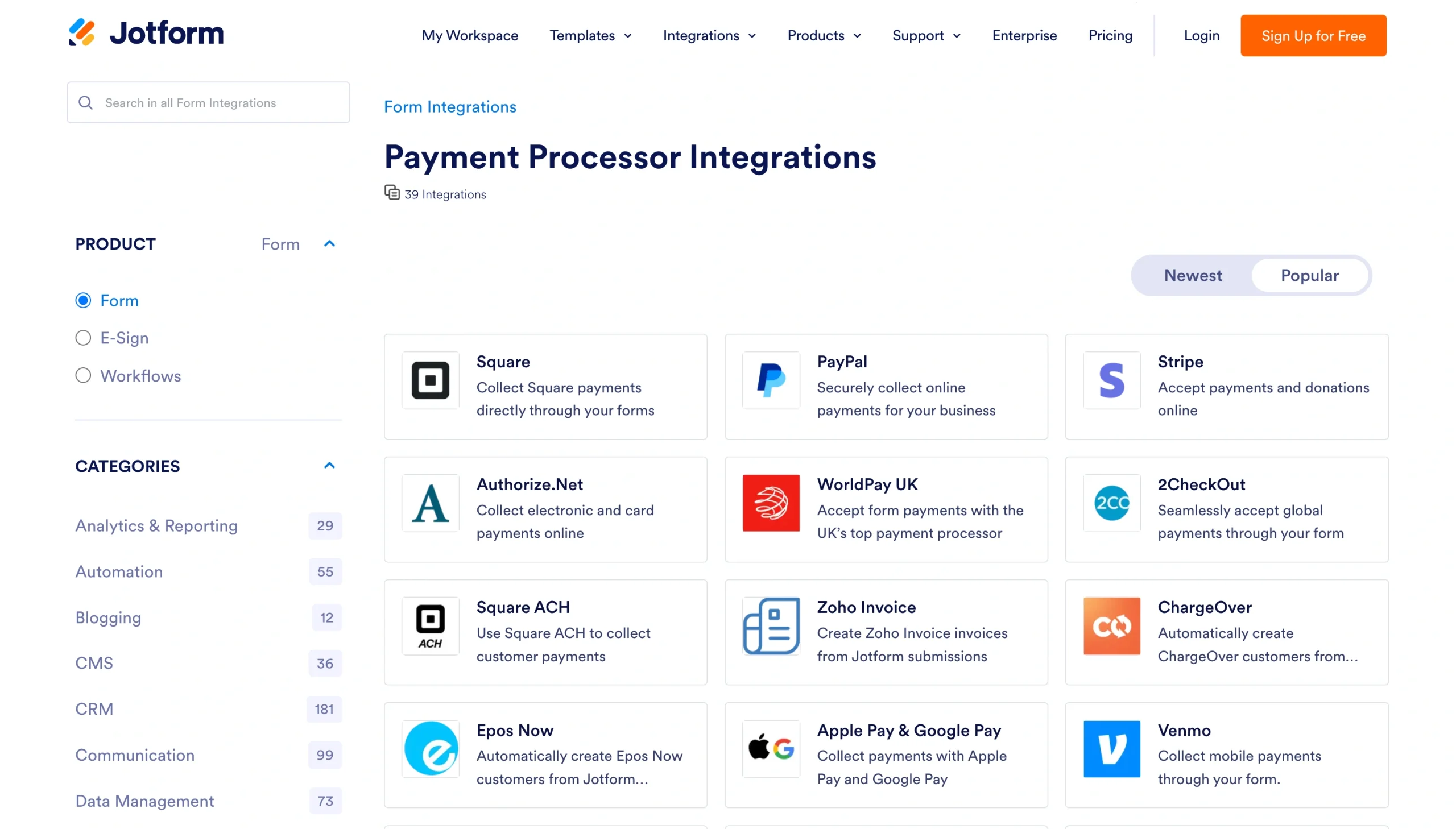 Jform’s Payment Processor Integrations page displaying options such as Square, PayPal, Stripe, Authorize