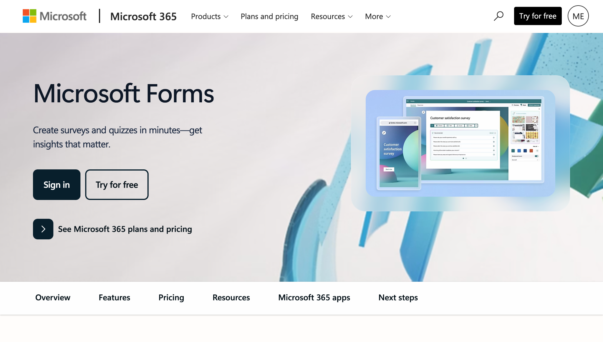 Screenshot of the Microsoft Forms landing page