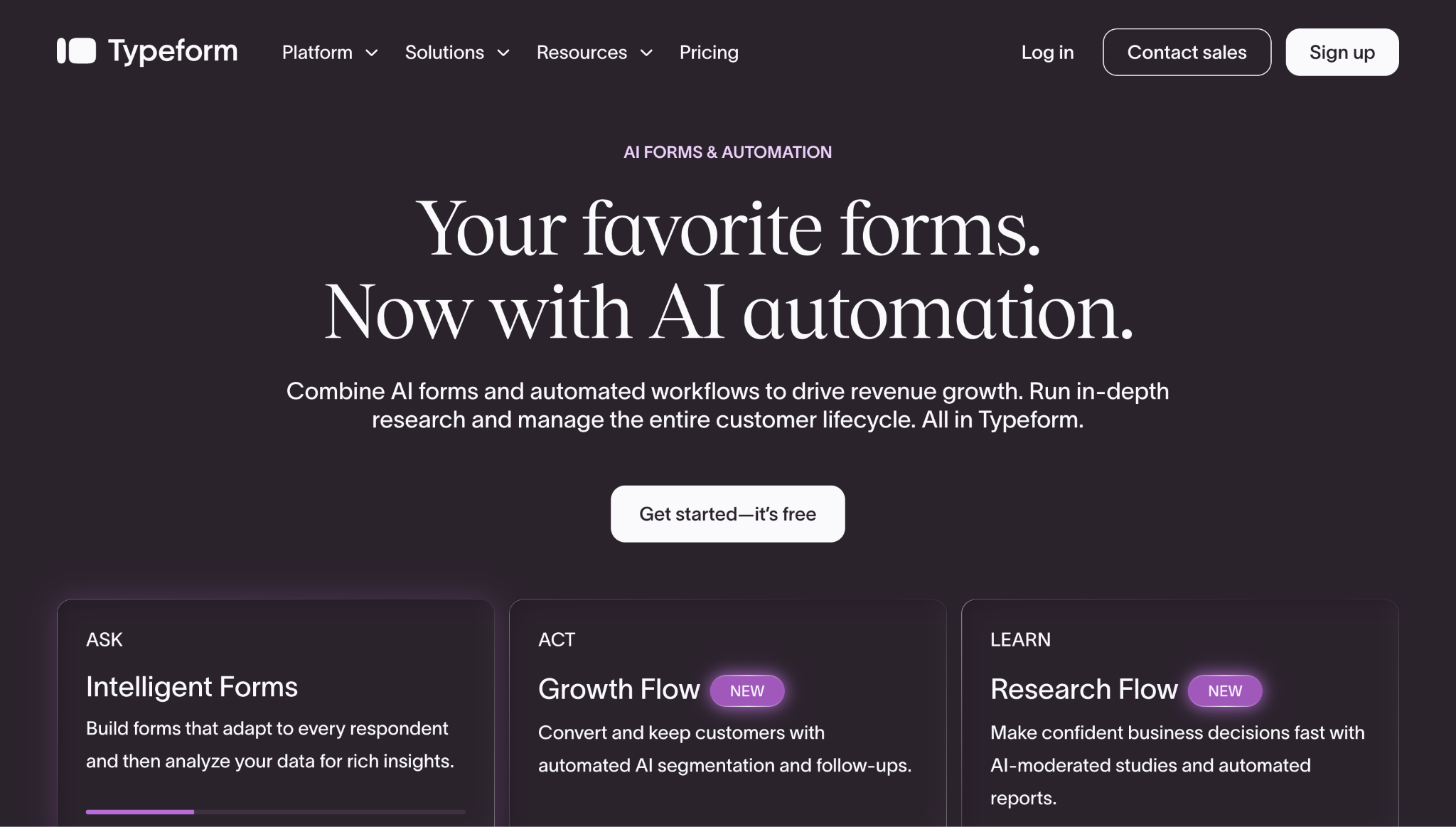 Screenshot of the Typeform landing page, showing a headline "Your favorite forms