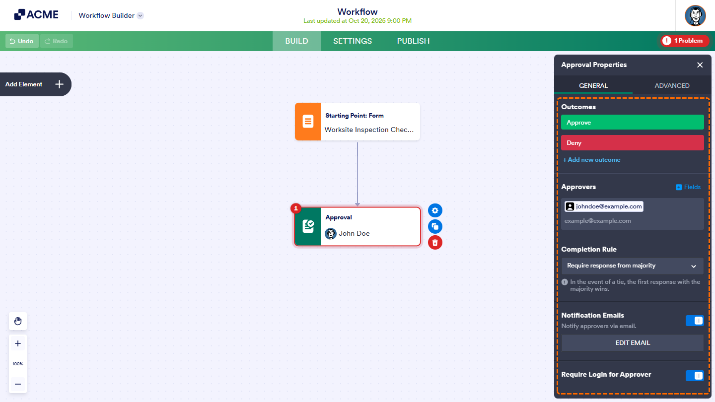 General Tab of Approval Element in Workflow Builder