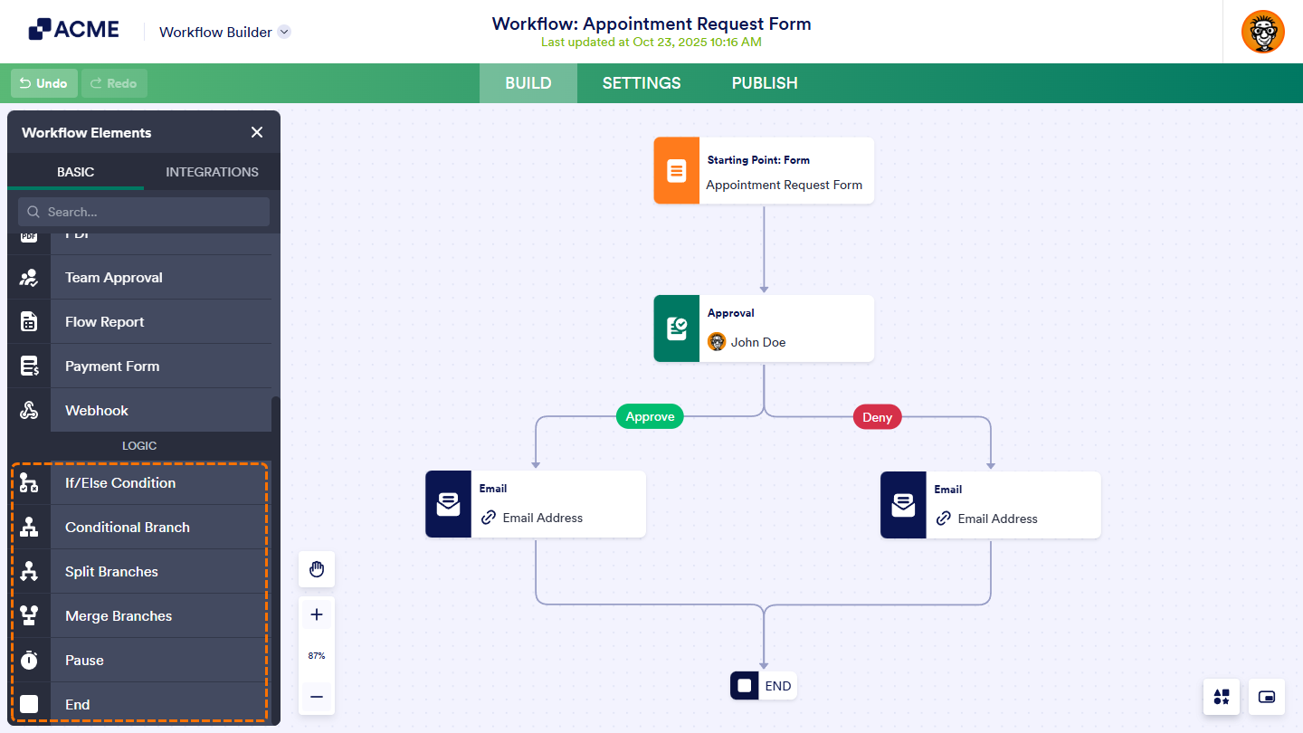 Logic elements in the Basic tab of the Workflow Elements menu in the Workflow Builder