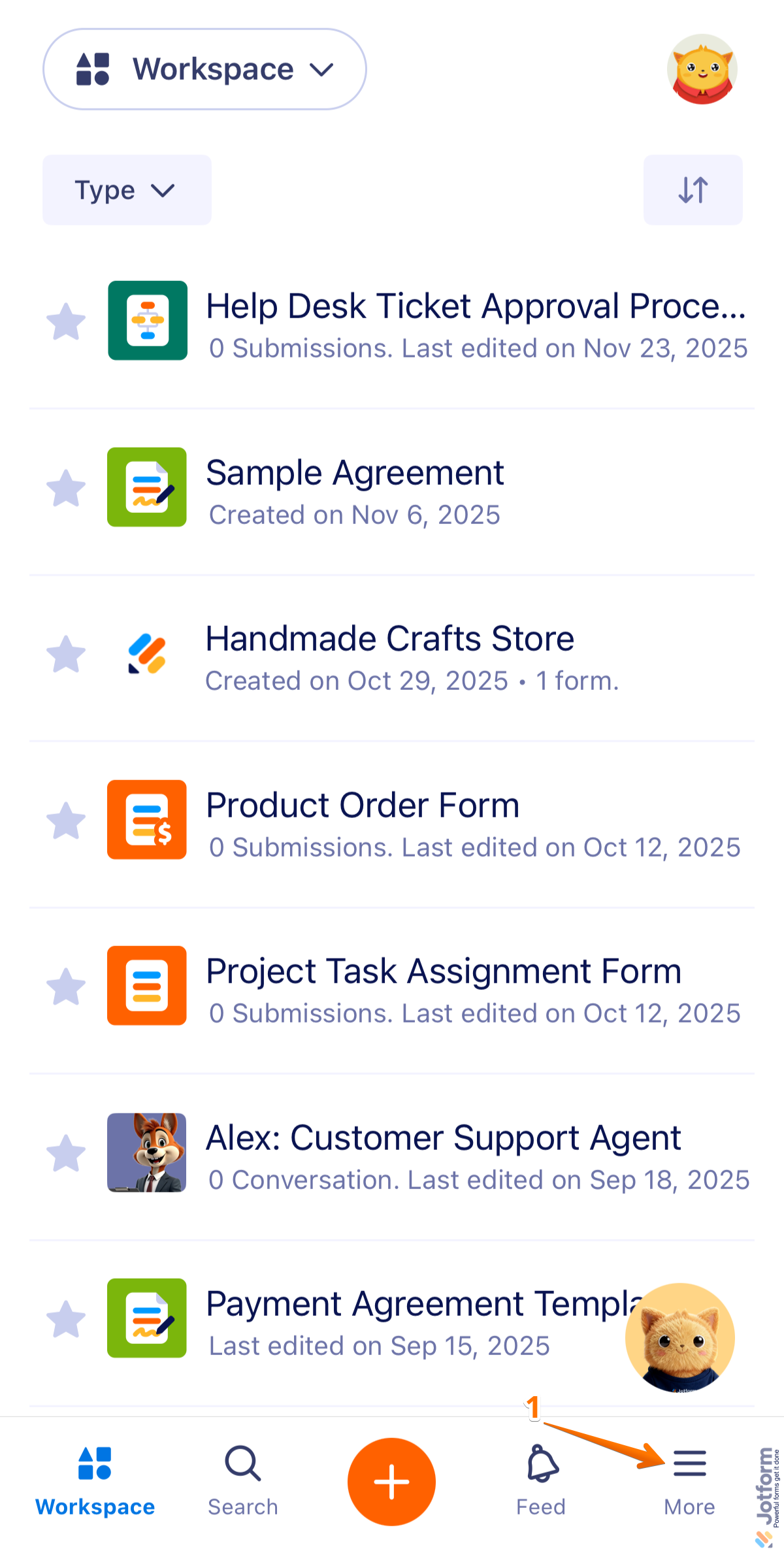 Jotform Mobile App interface showing Three Lines menu icon in the bottom right corner