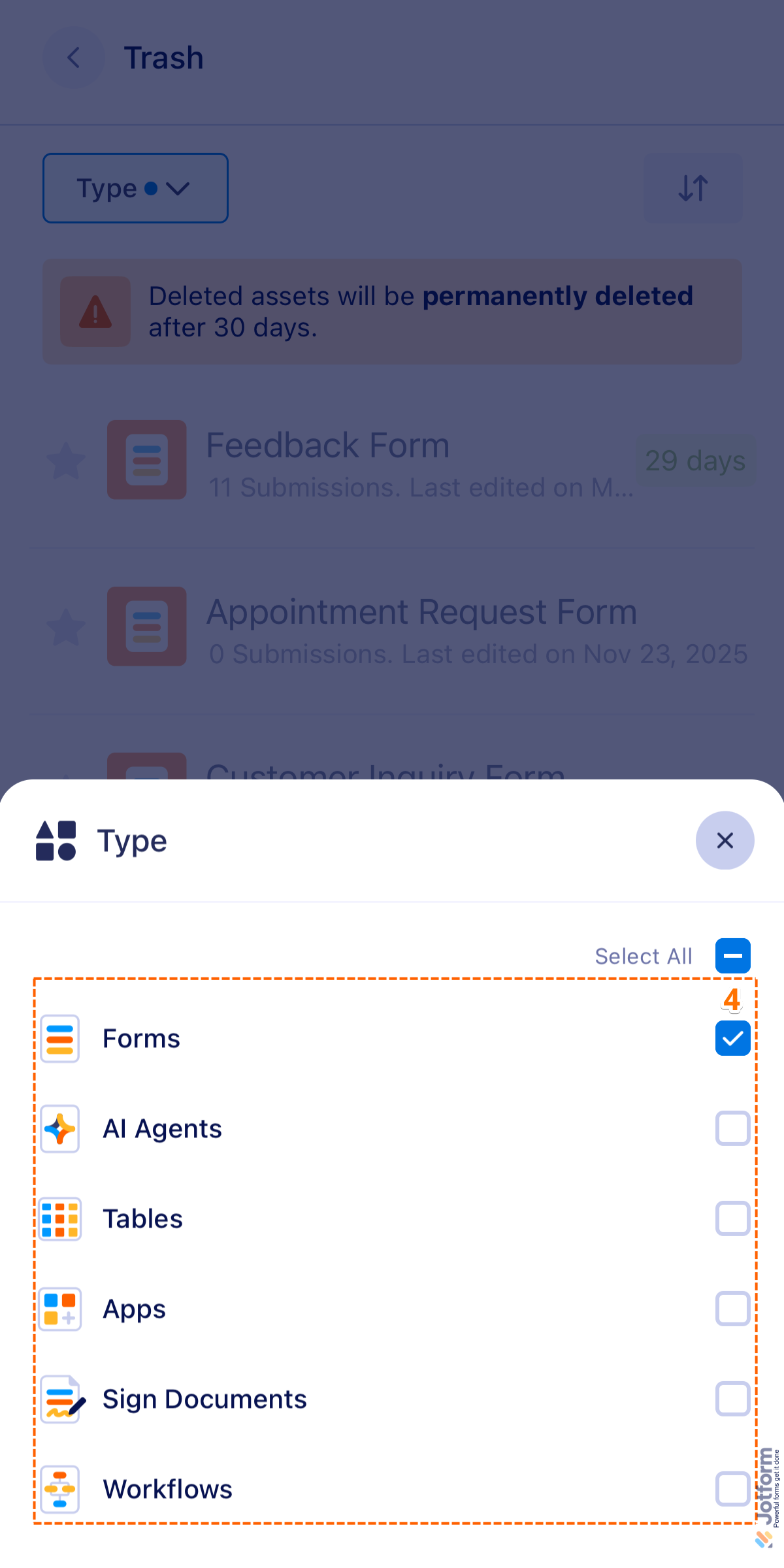 Jotform Mobile App filter menu showing asset options with only Forms selected