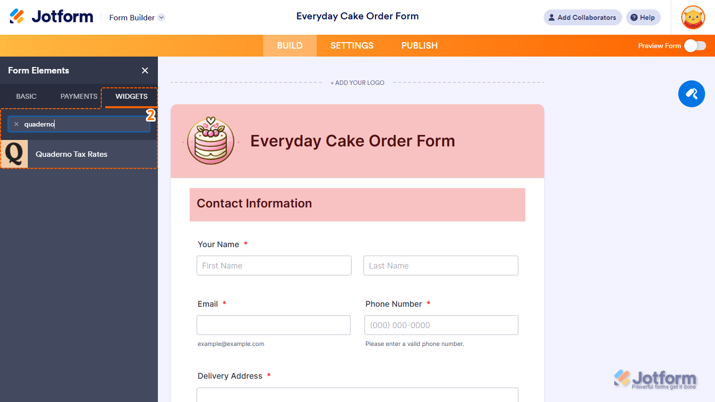 Quaderno Tax Rates widget in the Widgets tab of the Form Elements menu in Jotform Form Builder