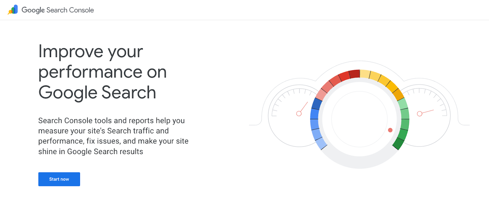 Screenshot of Google Search Console's landing page, showing a headline "Improve your performance on Google Search"