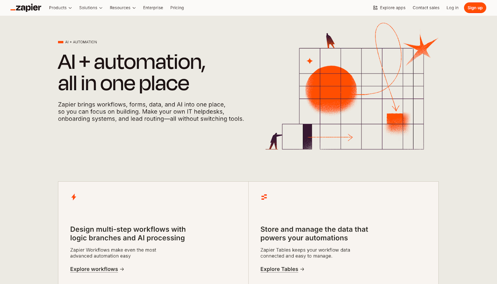 Screenshot of Zapier's landing page, showing a headline "AI + automation, all in one place"