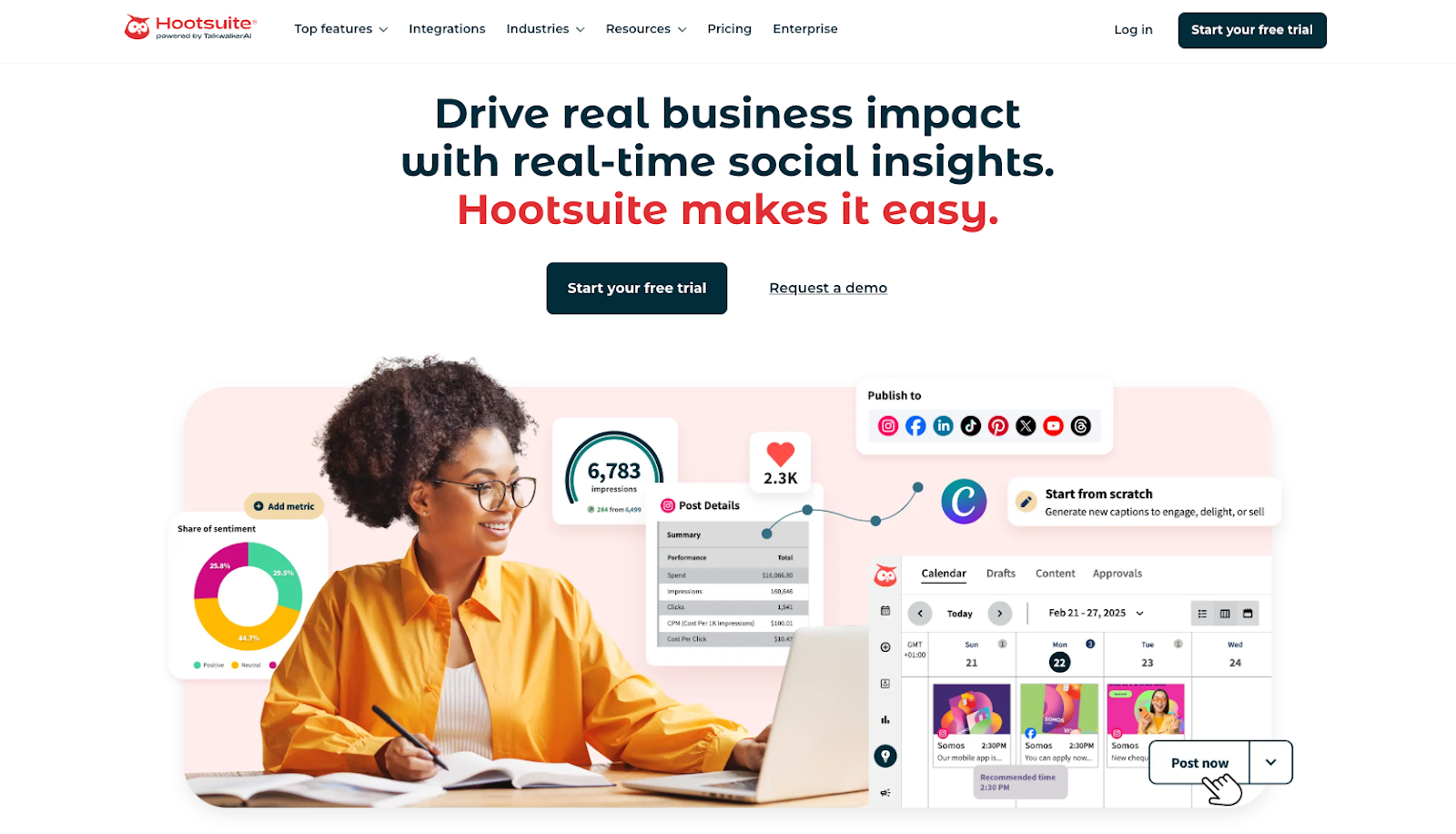 Screenshot of Hootsuite's landing page, showing a headline "Drive real business impact with real-time social insights