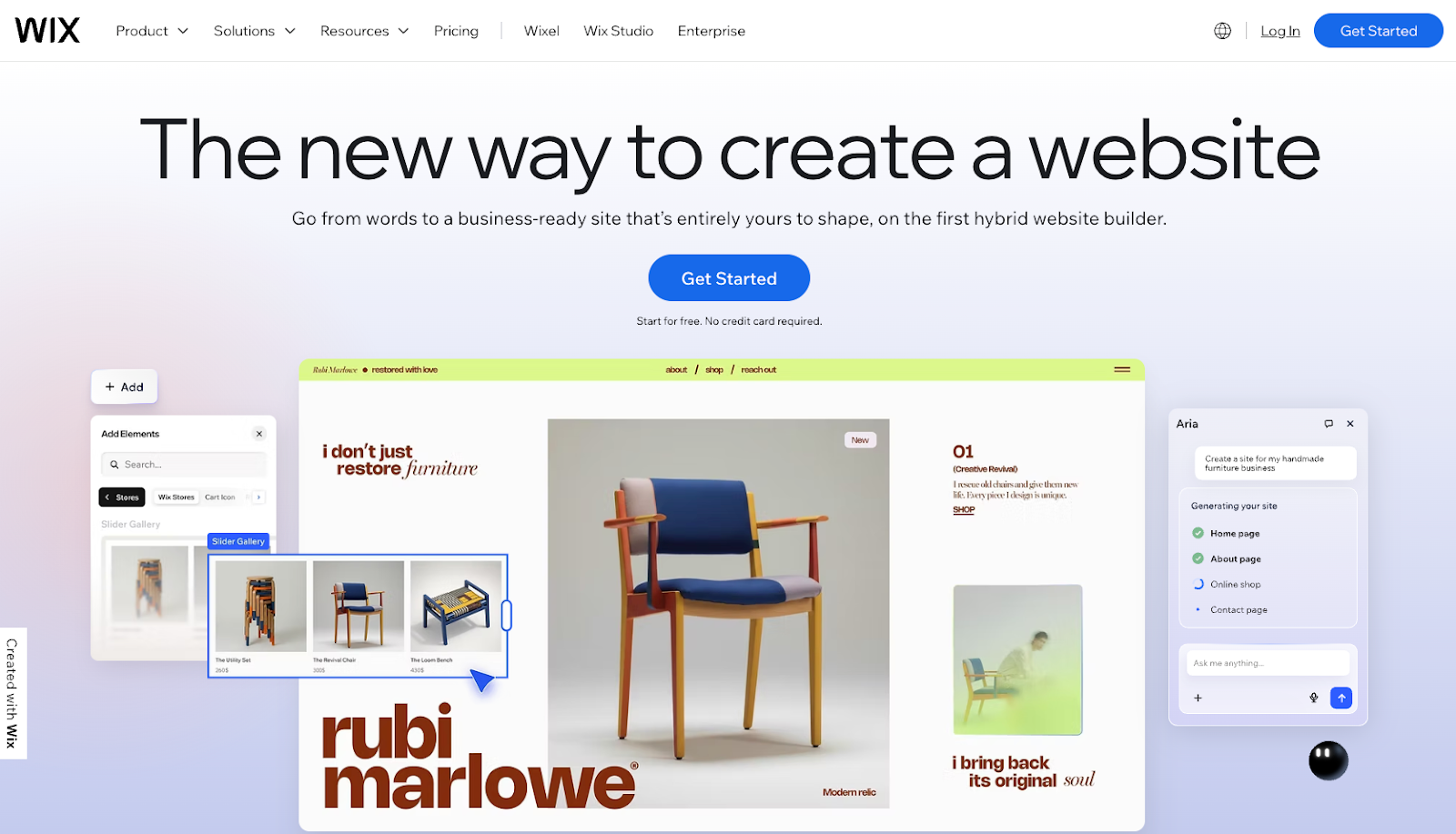 Screenshot of Wix's landing page, showing a headline "The new way to create a website"