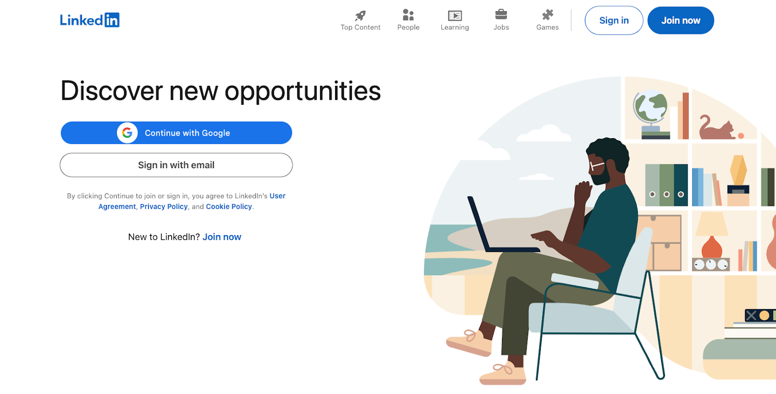 Screenshot of LinkedIn's landing page, showing a headline "Discover new opportunities"