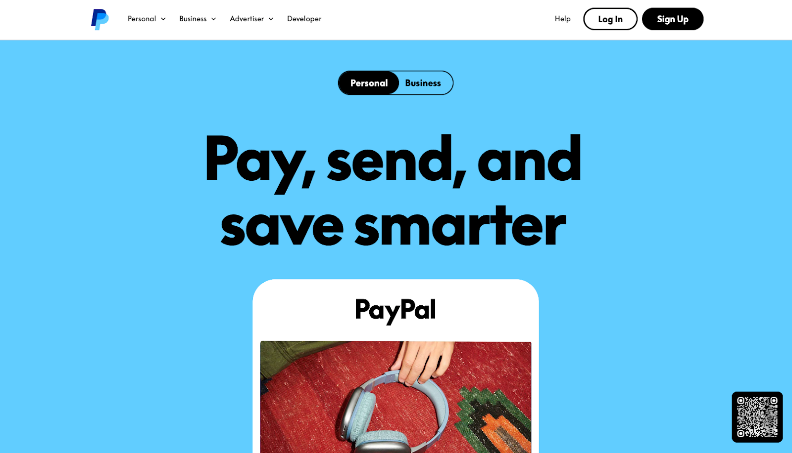 Screenshot of PayPal's landing page, showing a headline "Pay, send, and save smarter"