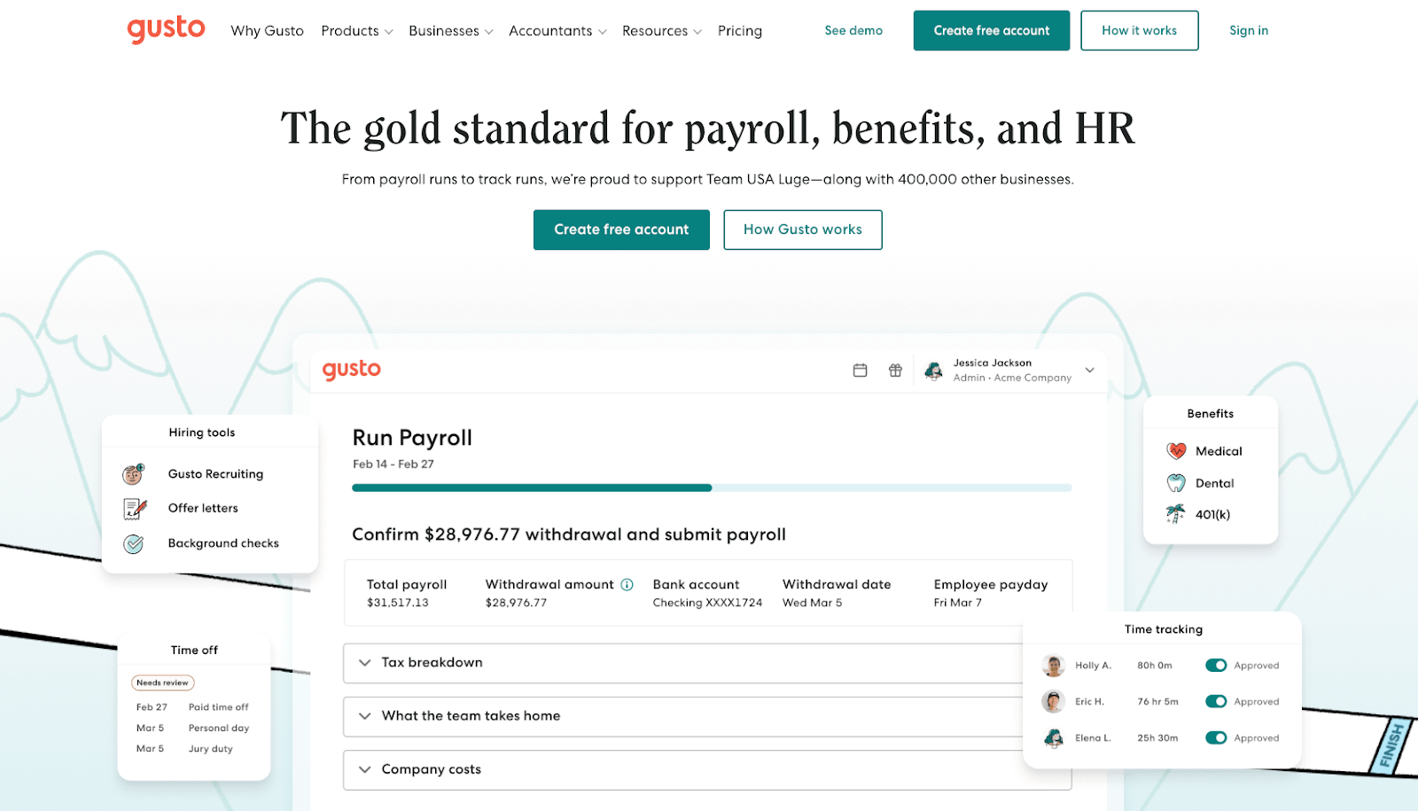Screenshot of Gusto's landing page, showing a headline "The gold standard for payroll, benefits, and HR"