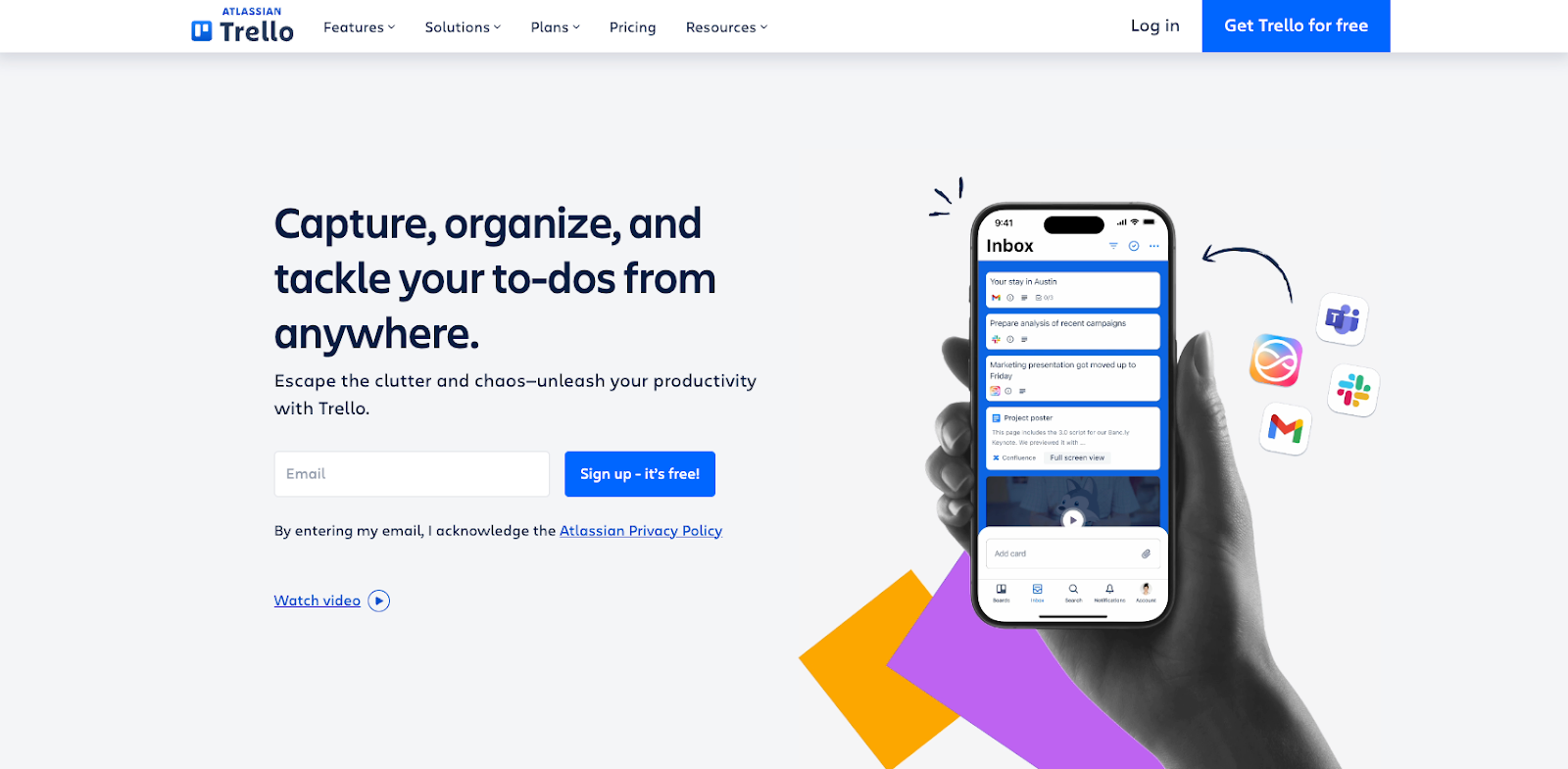 Screenshot of Trello's landing page, showing a headline "Capture, organize, and tackle your to-dos from anywhere"