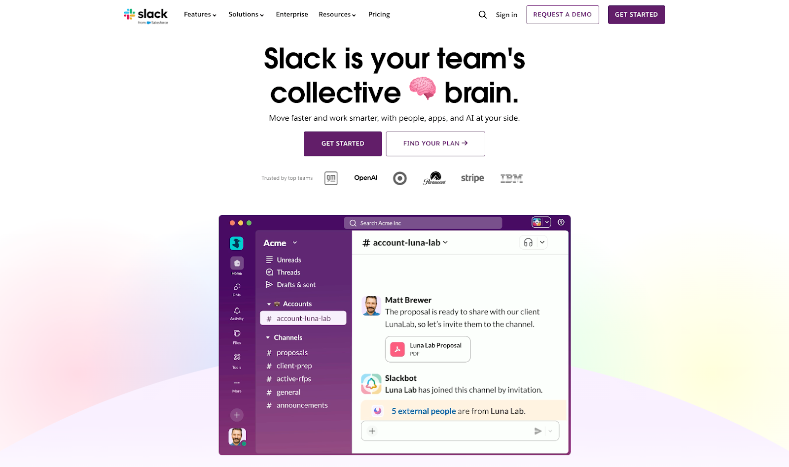 Screenshot of Slack's landing page, showing a headline "Slack is your team's collective brain