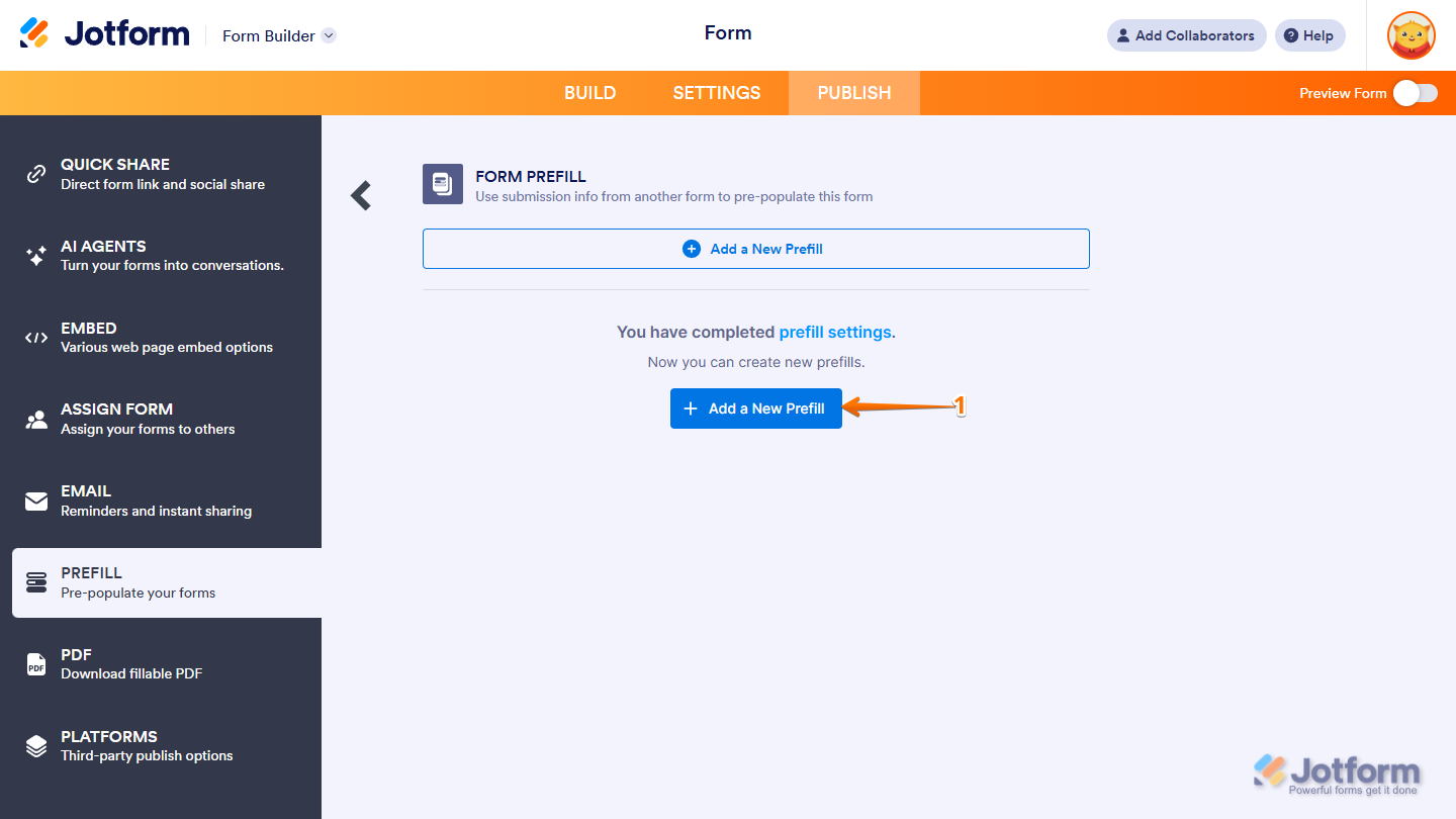 Add a New Prefill button in the Form Prefill set up