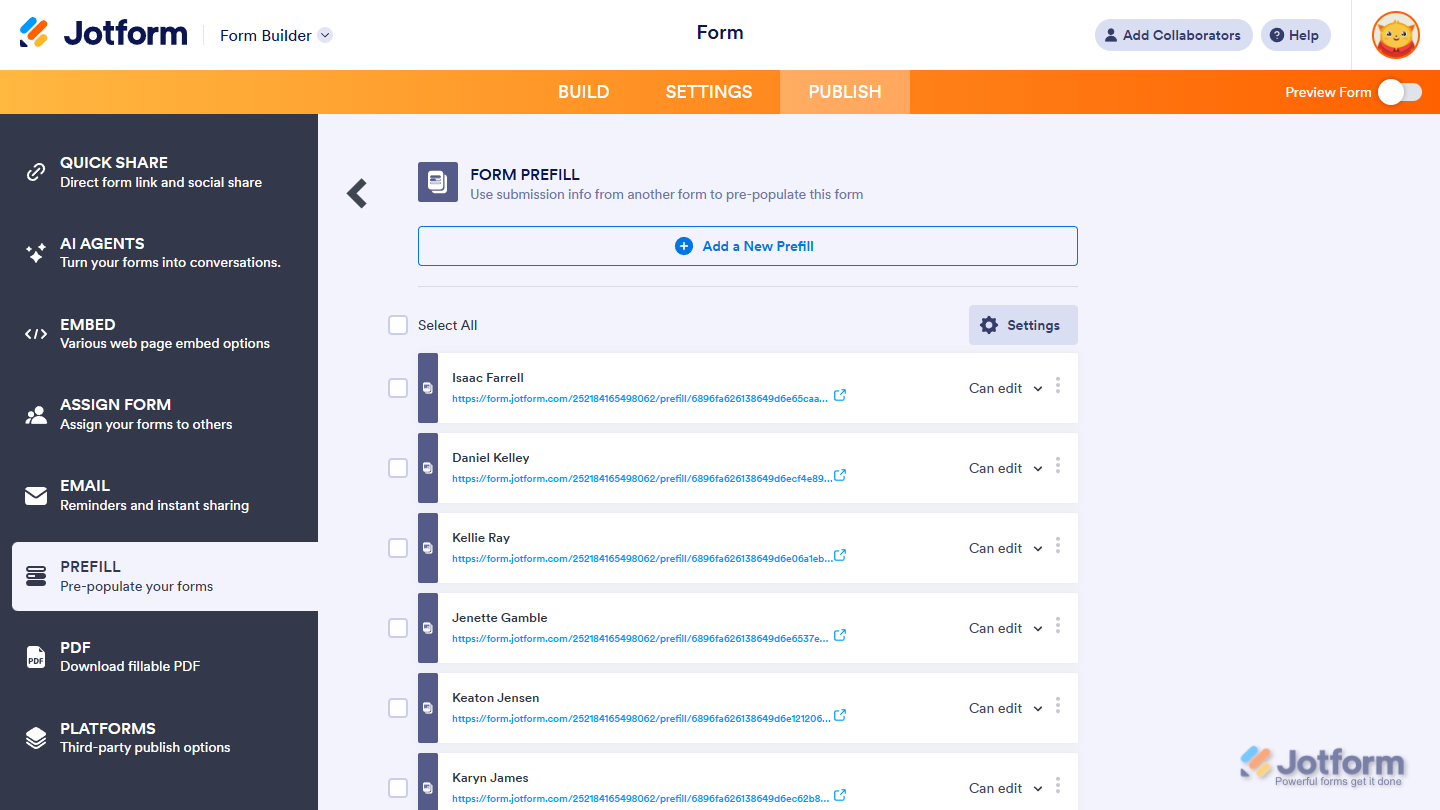 Created Form Prefill Items