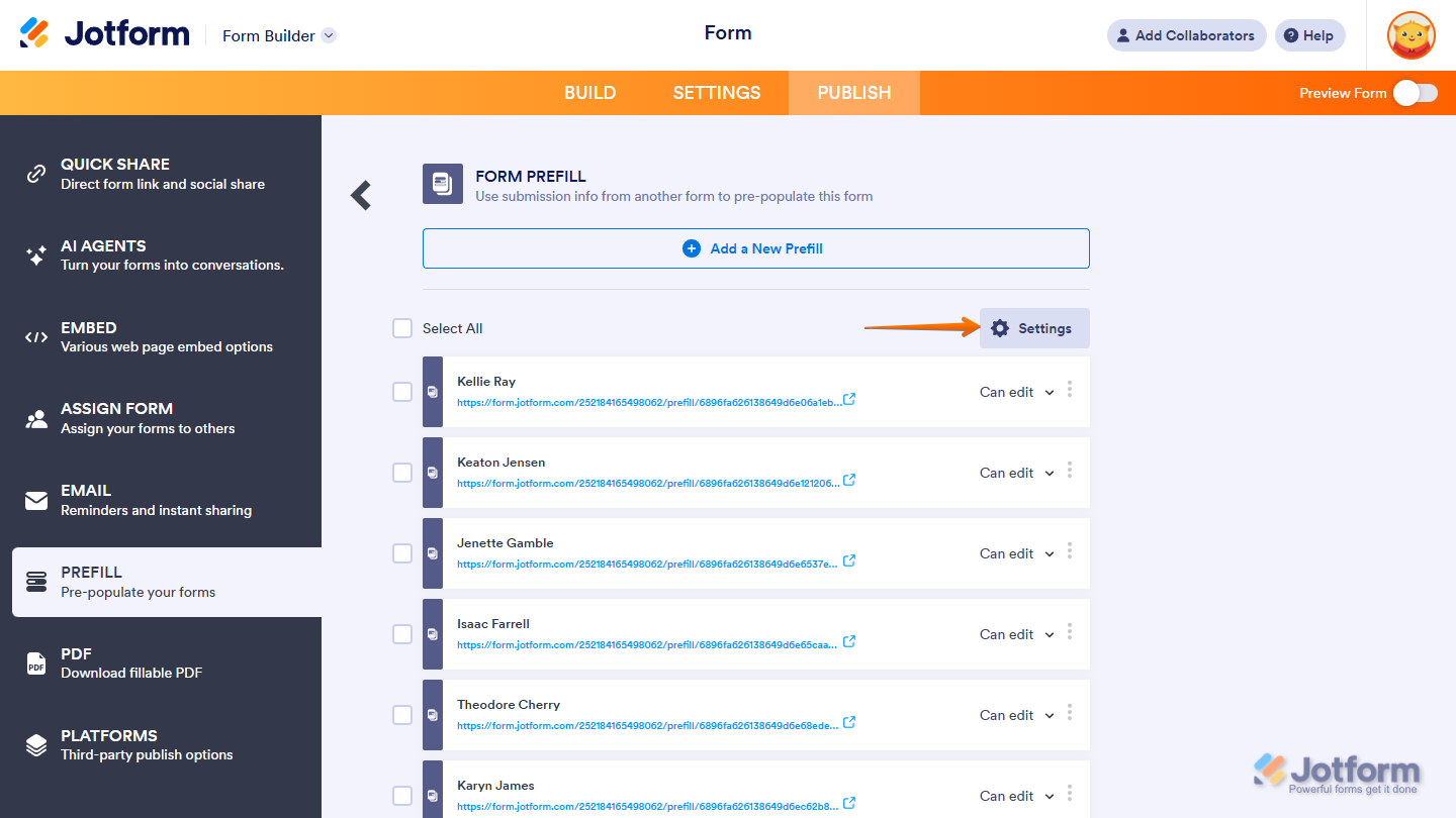 Settings button to change the settings of the Form Prefill