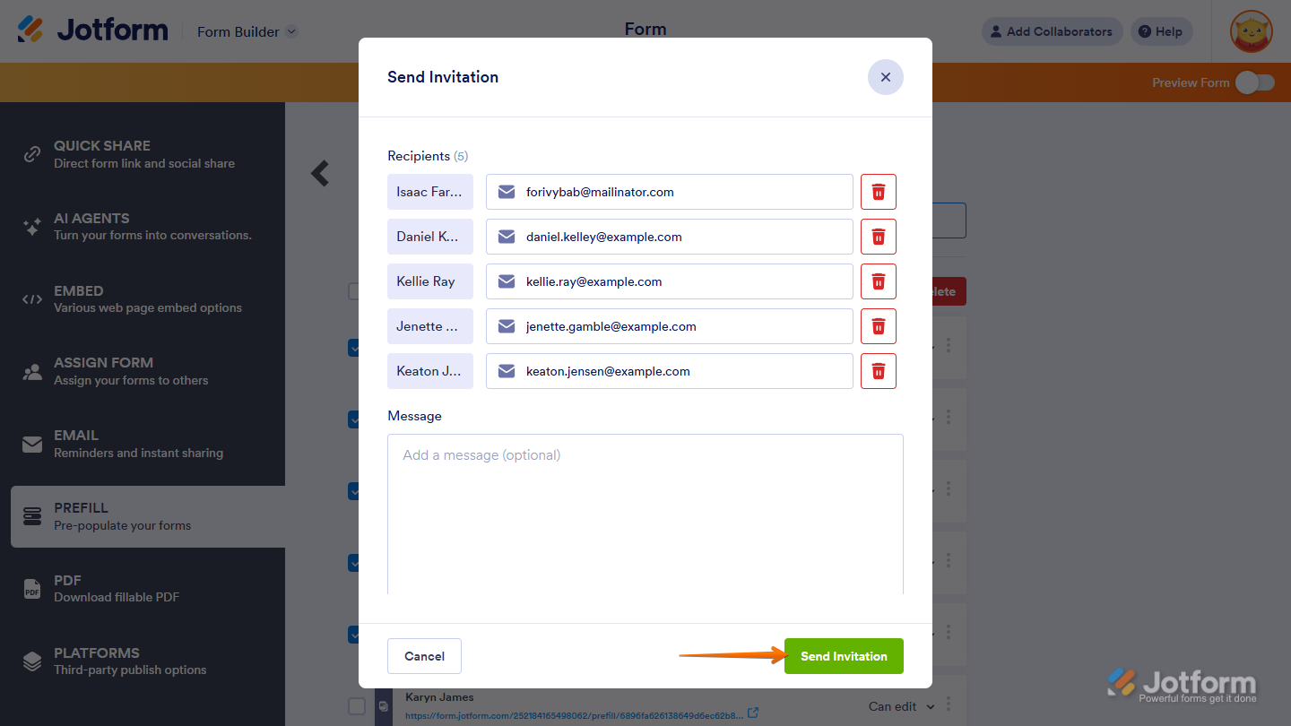 Send Invitation button for the Form Prefill items