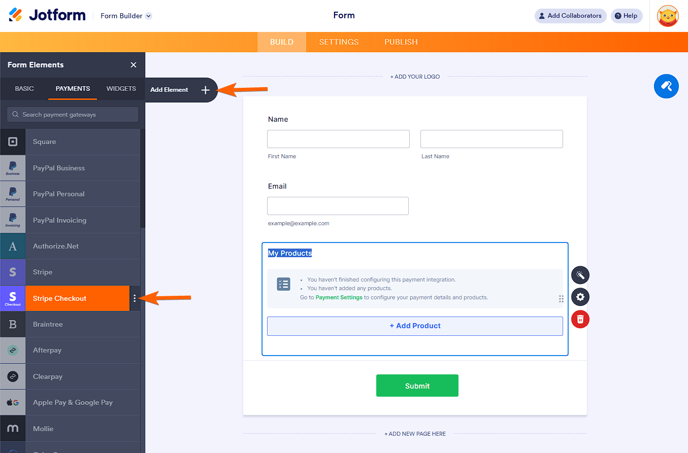 Stripe Checkout integration in the Payments section of the Jotform Form Builder